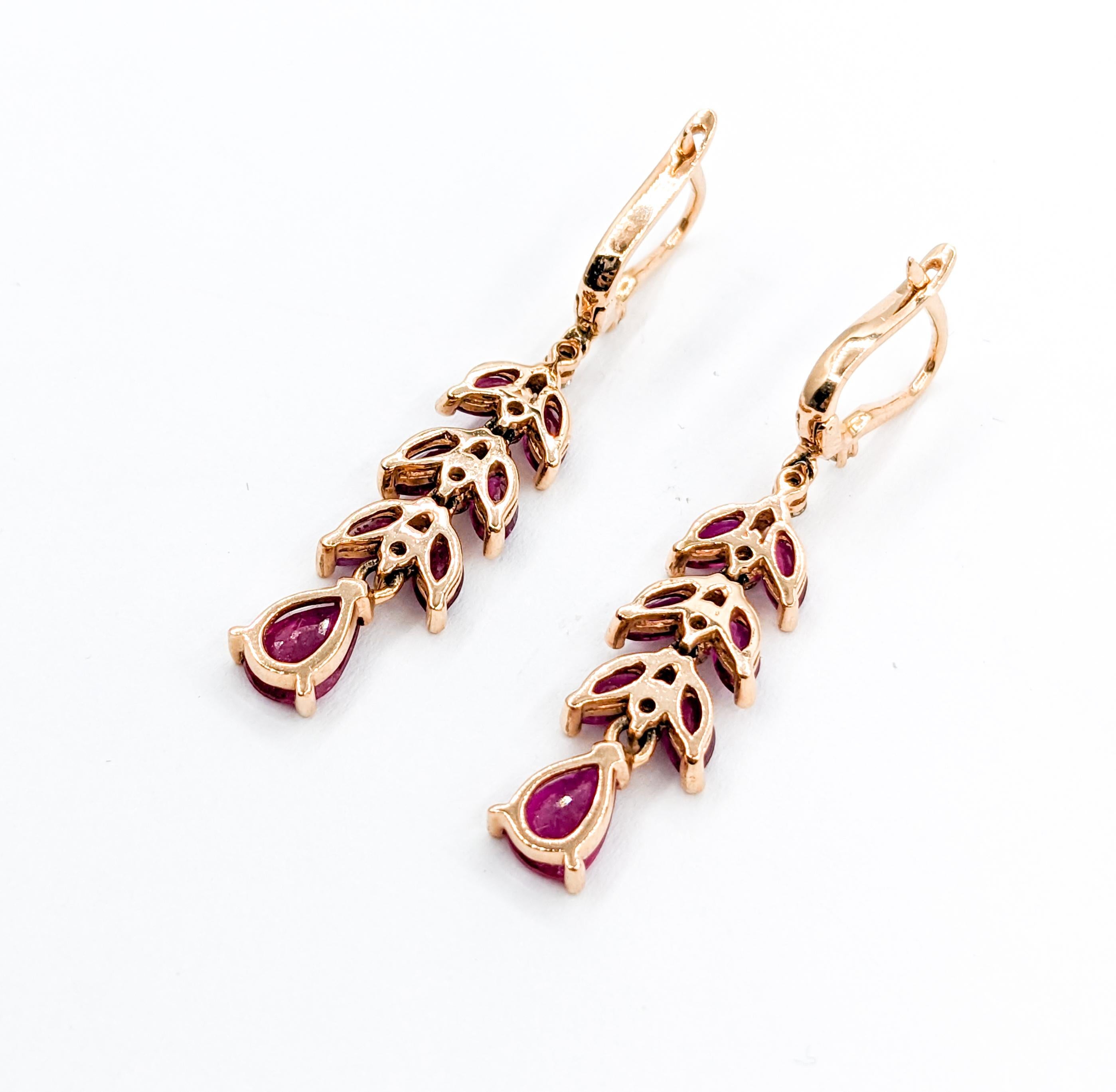 Round Cut Ruby & Diamond Drop Earrings in Rose Gold For Sale
