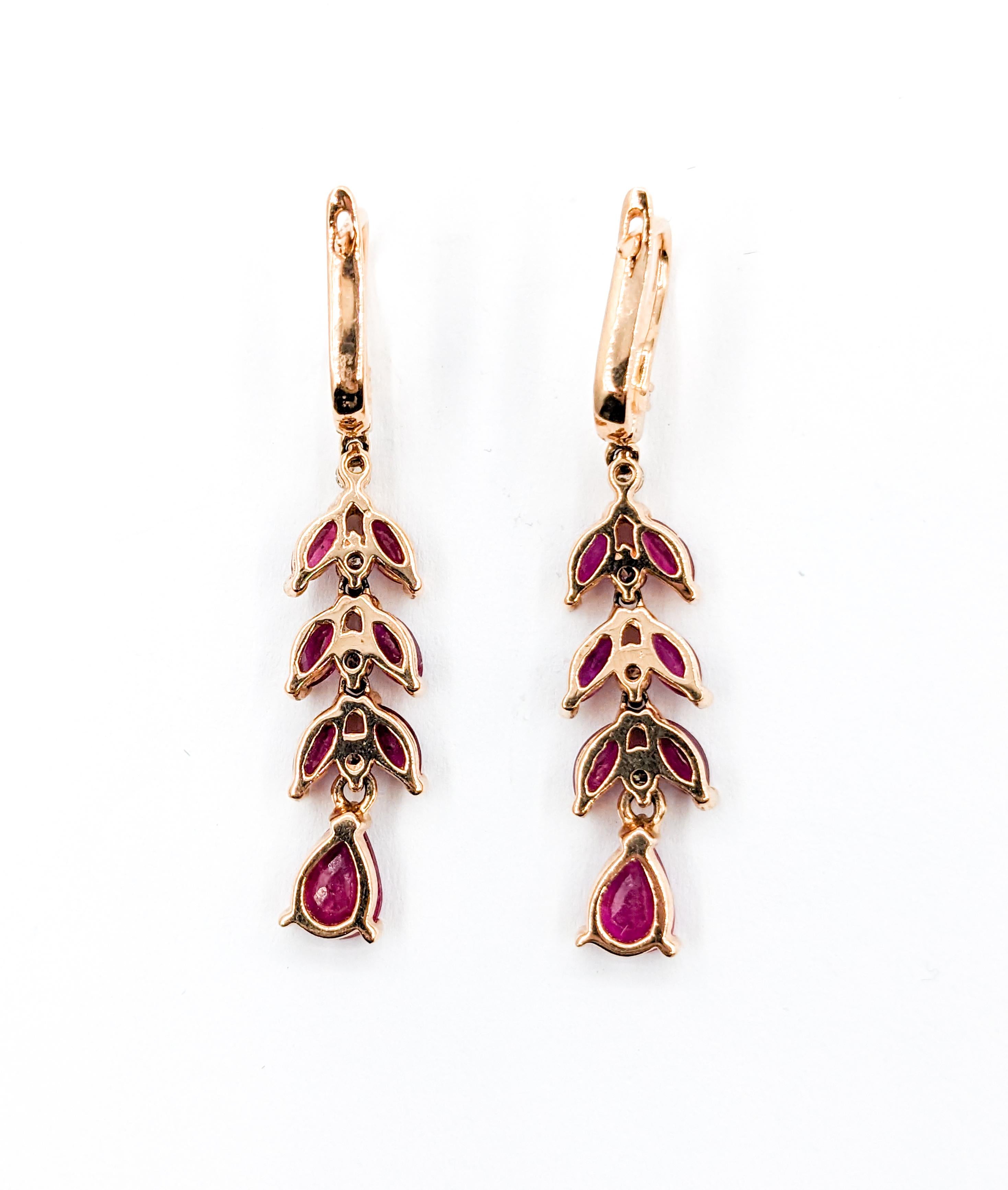 Ruby & Diamond Drop Earrings in Rose Gold In Excellent Condition For Sale In Bloomington, MN