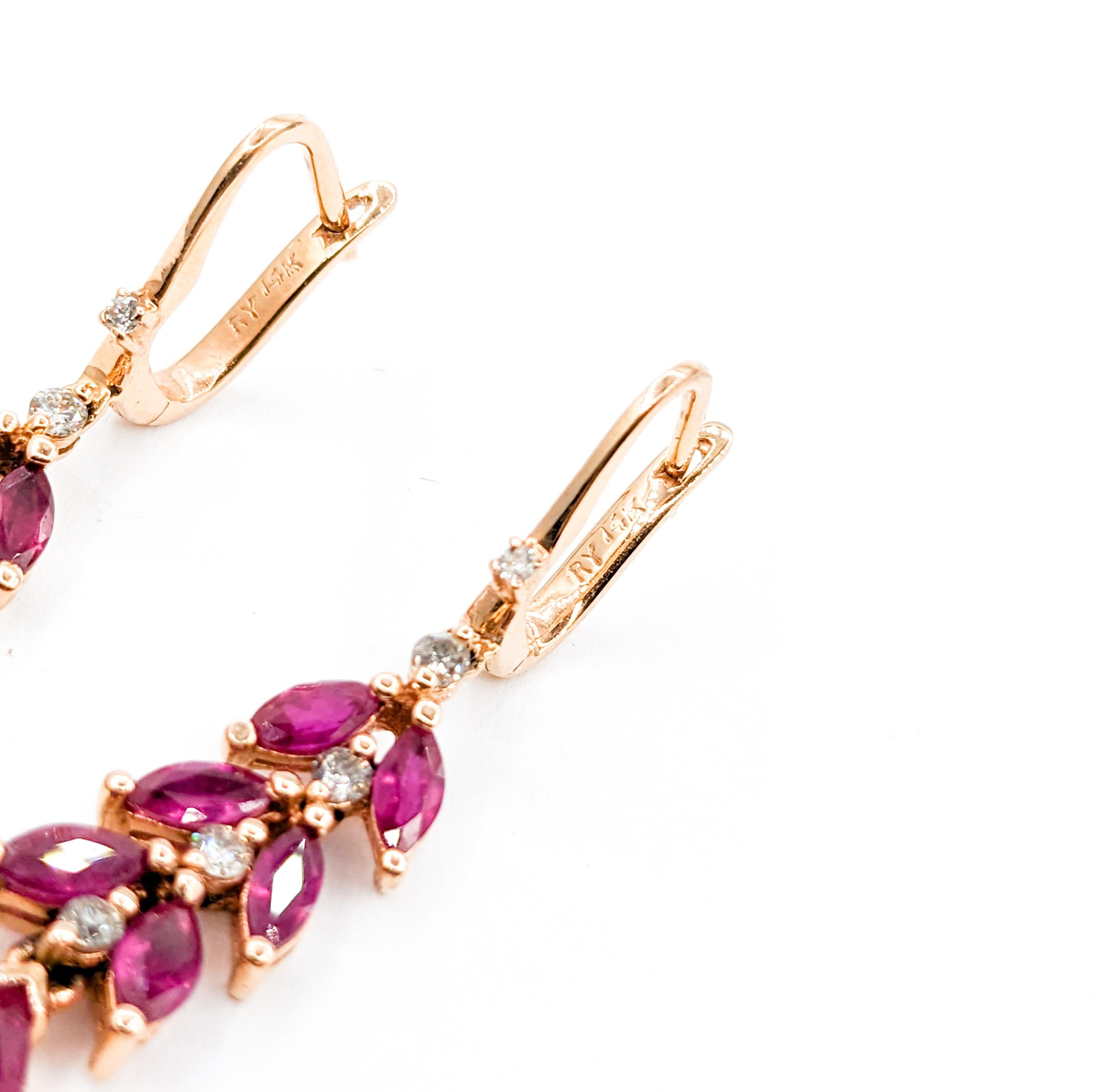 Women's Ruby & Diamond Drop Earrings in Rose Gold For Sale