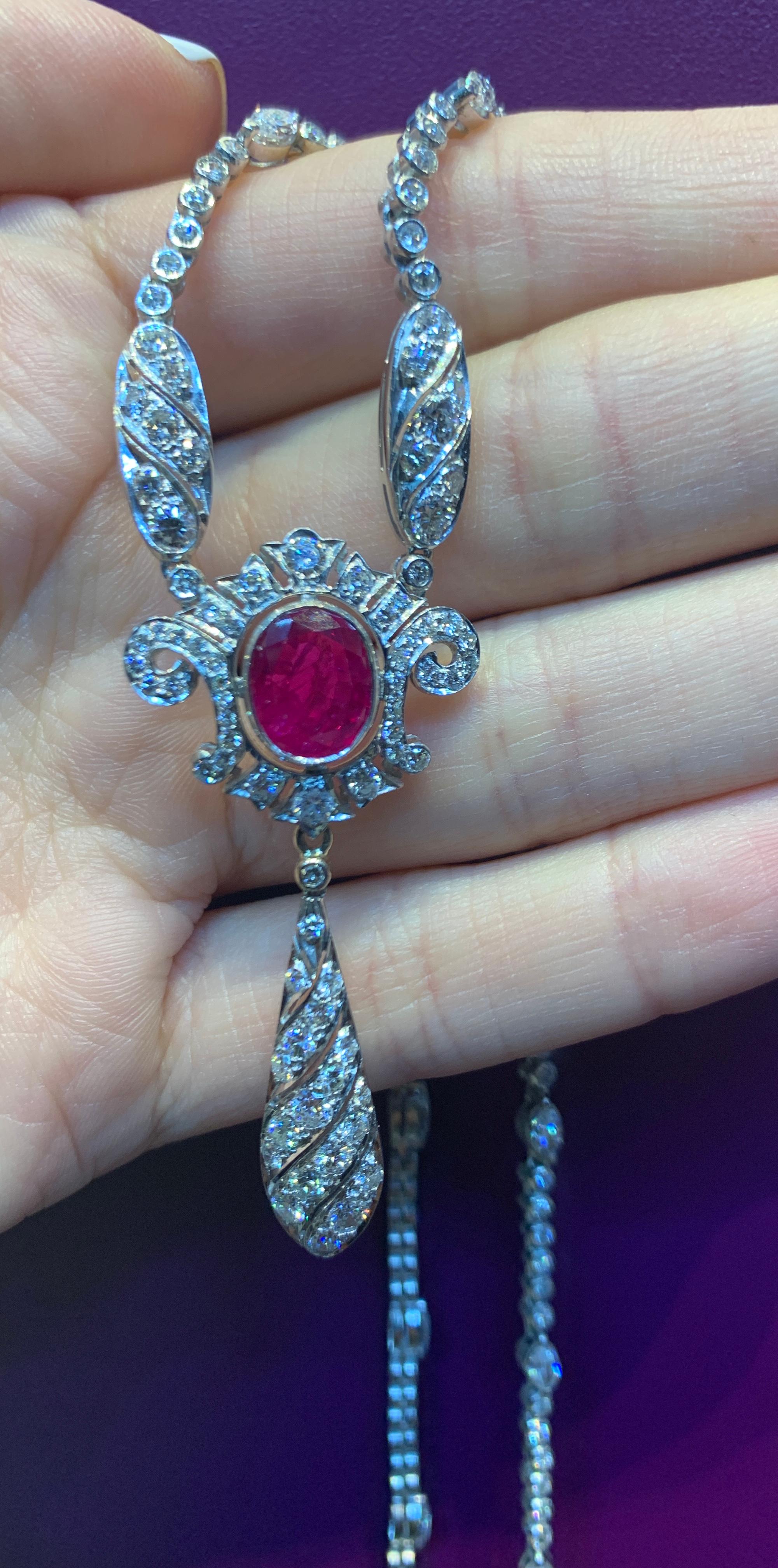 Oval Cut Ruby and Diamond Drop Necklace