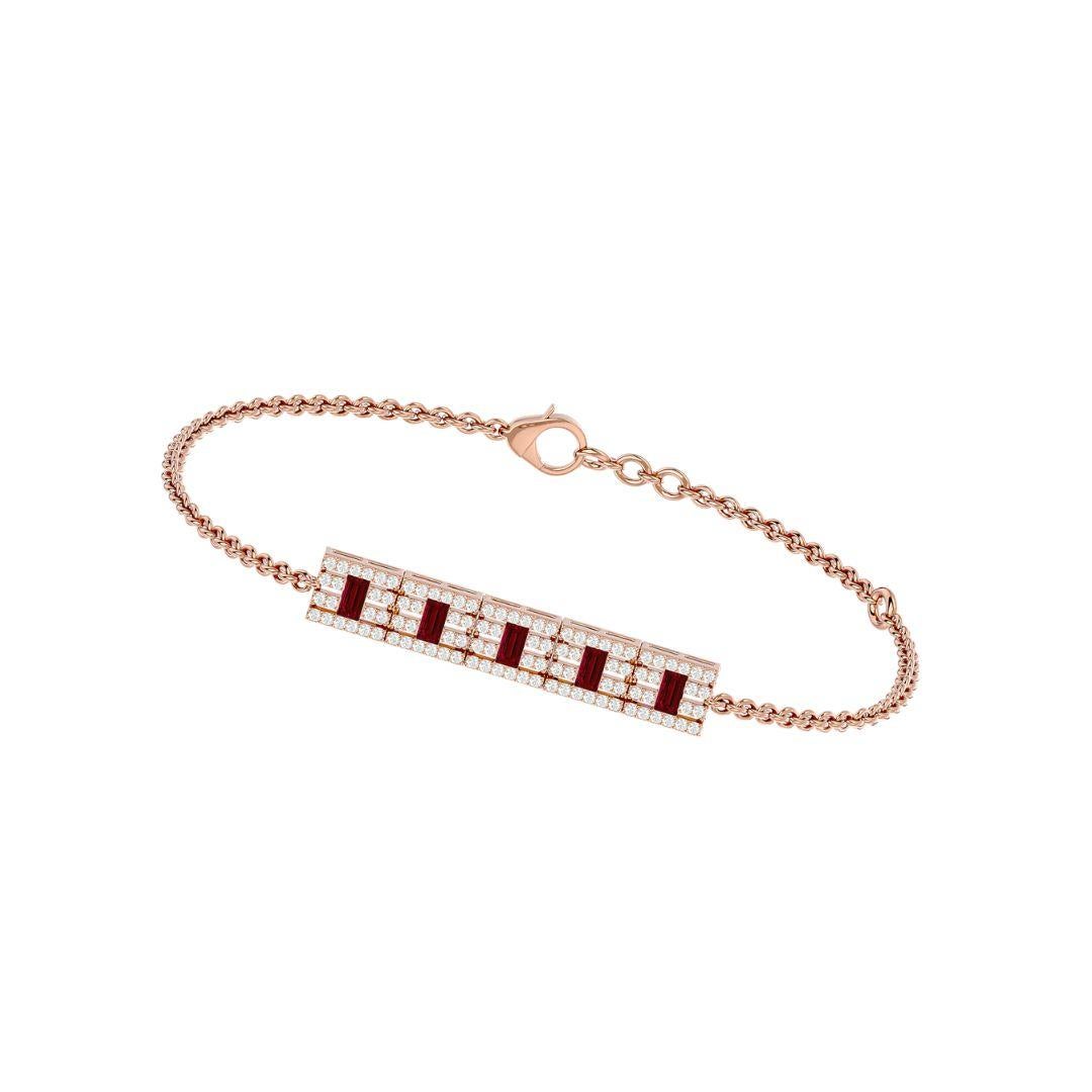 Elements
Combining our signature jewels with Diamonds, Rubies, and Gold gives this bracelet a timeless elegance.

Innovation
The graceful rectangle shape and delicate pavé diamond setting of this bracelet highlight the beauty of four baguettes ruby