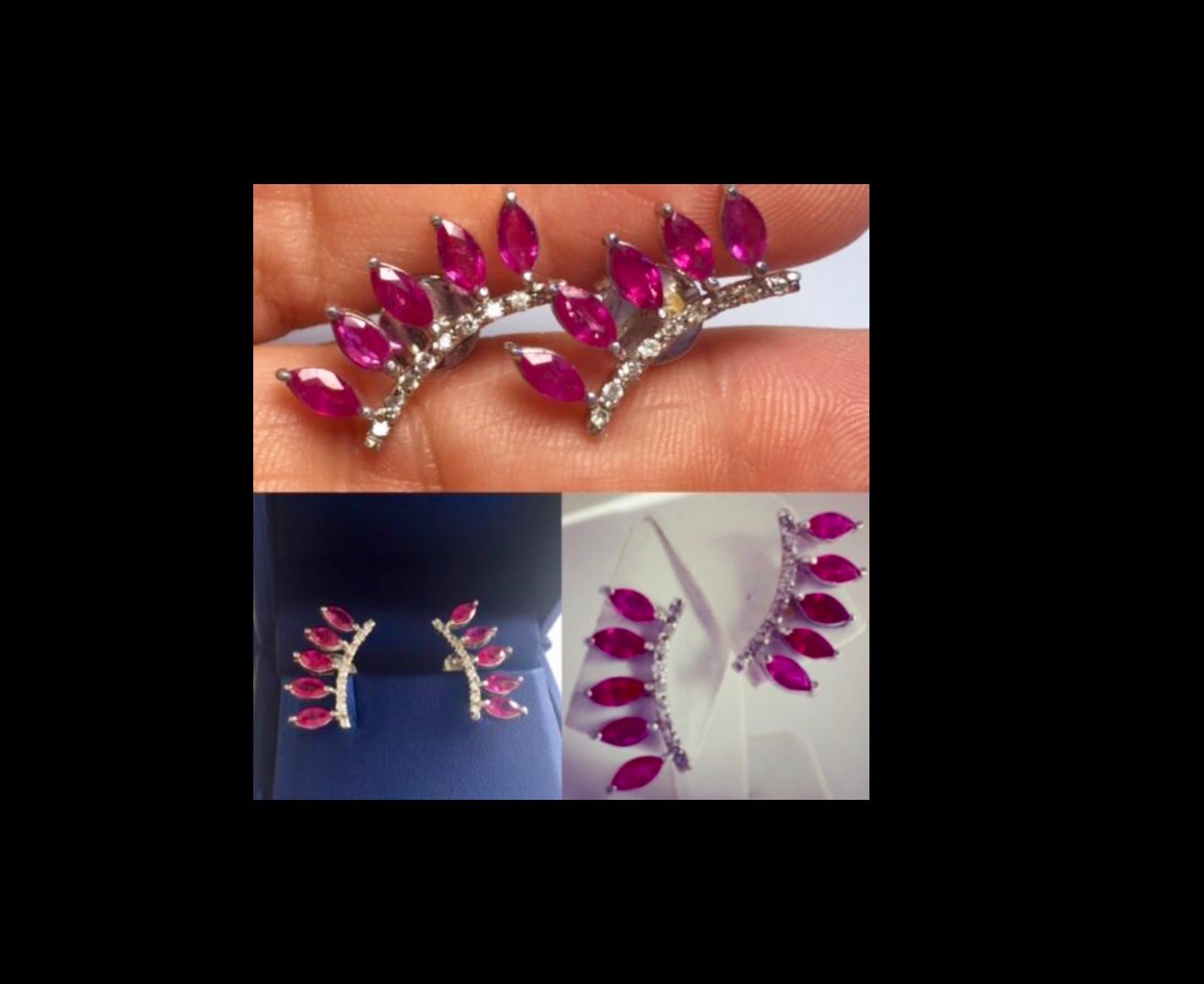 Natural Ruby & Diamond Ear Cuff Climber Earrings 18K Gold
Natural Ruby Marquise cut 2.00 Carats
Diamonds Approx. 0.50 Carats
Width 7.86mm 
Length 20mm
Pierced Ears 
18K White Gold


Condition -Excellent