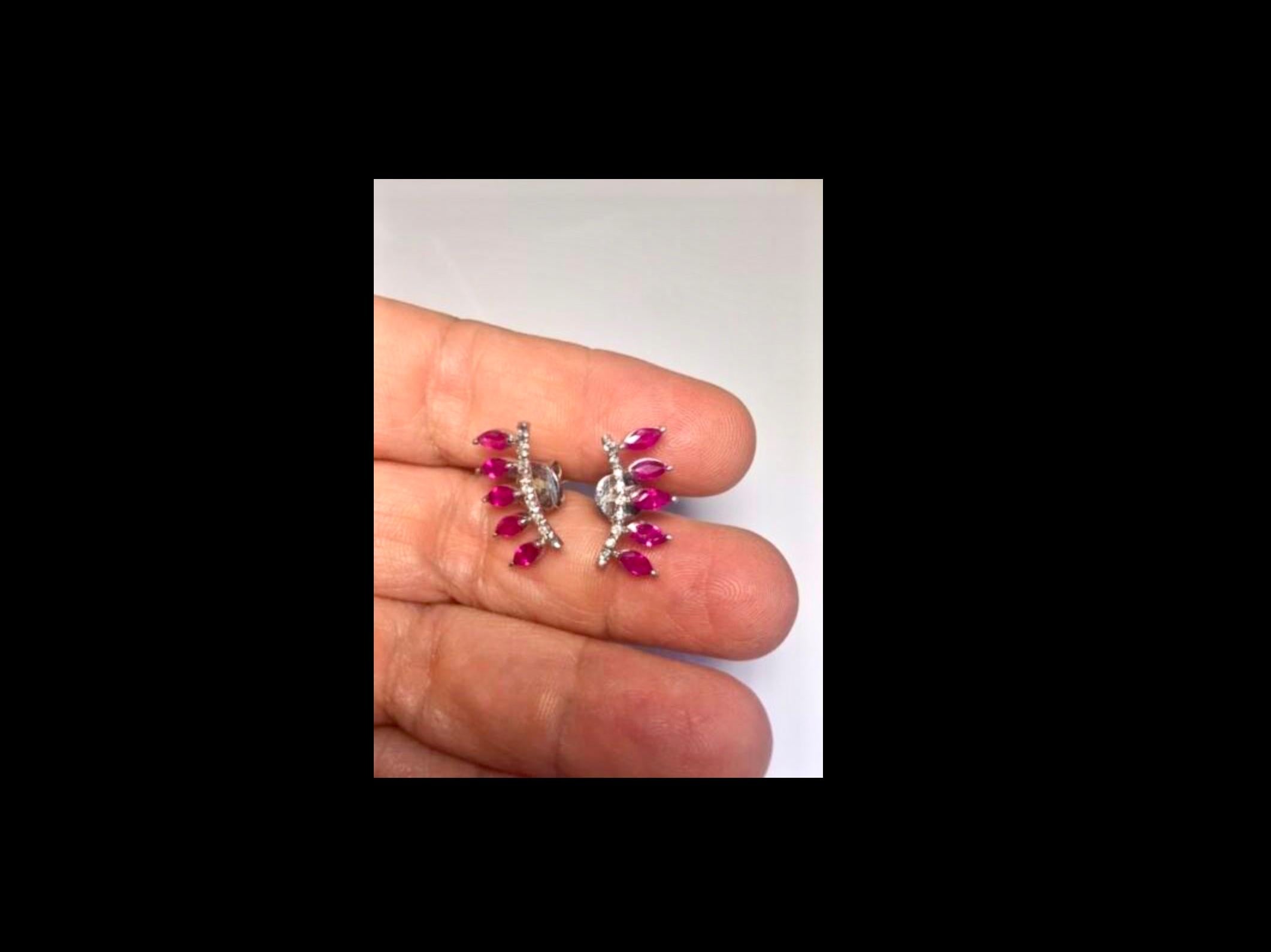 Marquise Cut Ruby and Diamond Ear Cuff Climber Earrings 18 Karat Gold For Sale