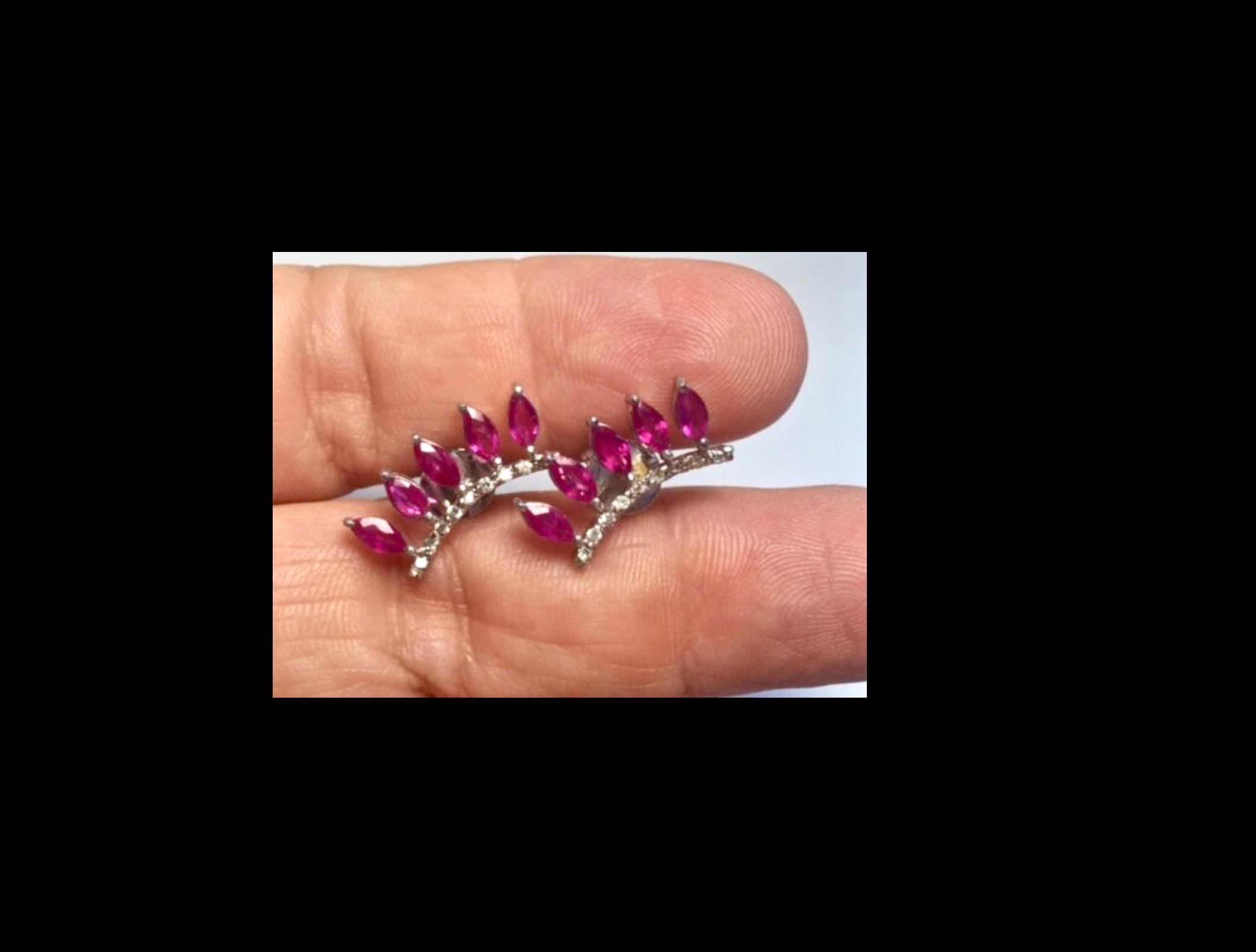 Women's or Men's Ruby and Diamond Ear Cuff Climber Earrings 18 Karat Gold For Sale