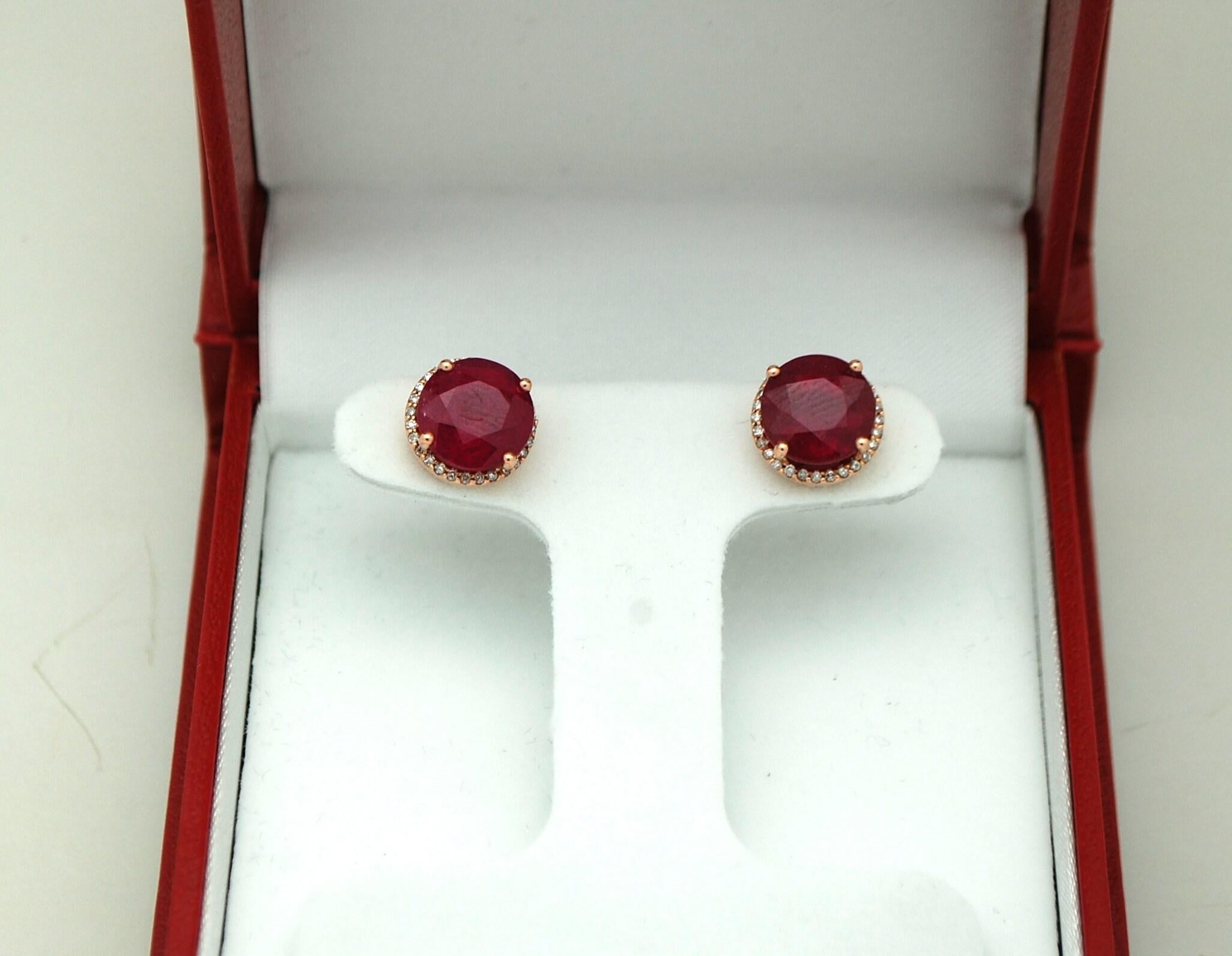 Pendientes de rubí y diamante Oro de 14 KT Pendientes de rubí Halo en venta 1