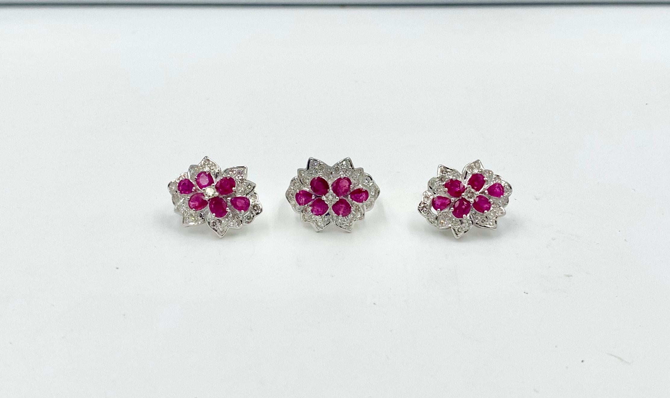 Ruby Diamond Earrings and Ring Set 18 Karat White Gold Parure For Sale 8