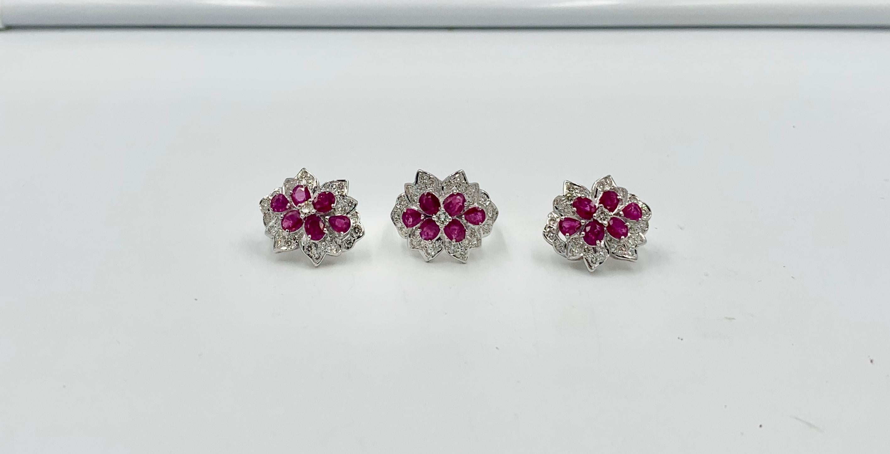 Pear Cut Ruby Diamond Earrings and Ring Set 18 Karat White Gold Parure For Sale