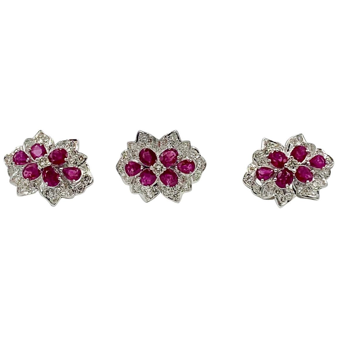 Ruby Diamond Earrings and Ring Set 18 Karat White Gold Parure