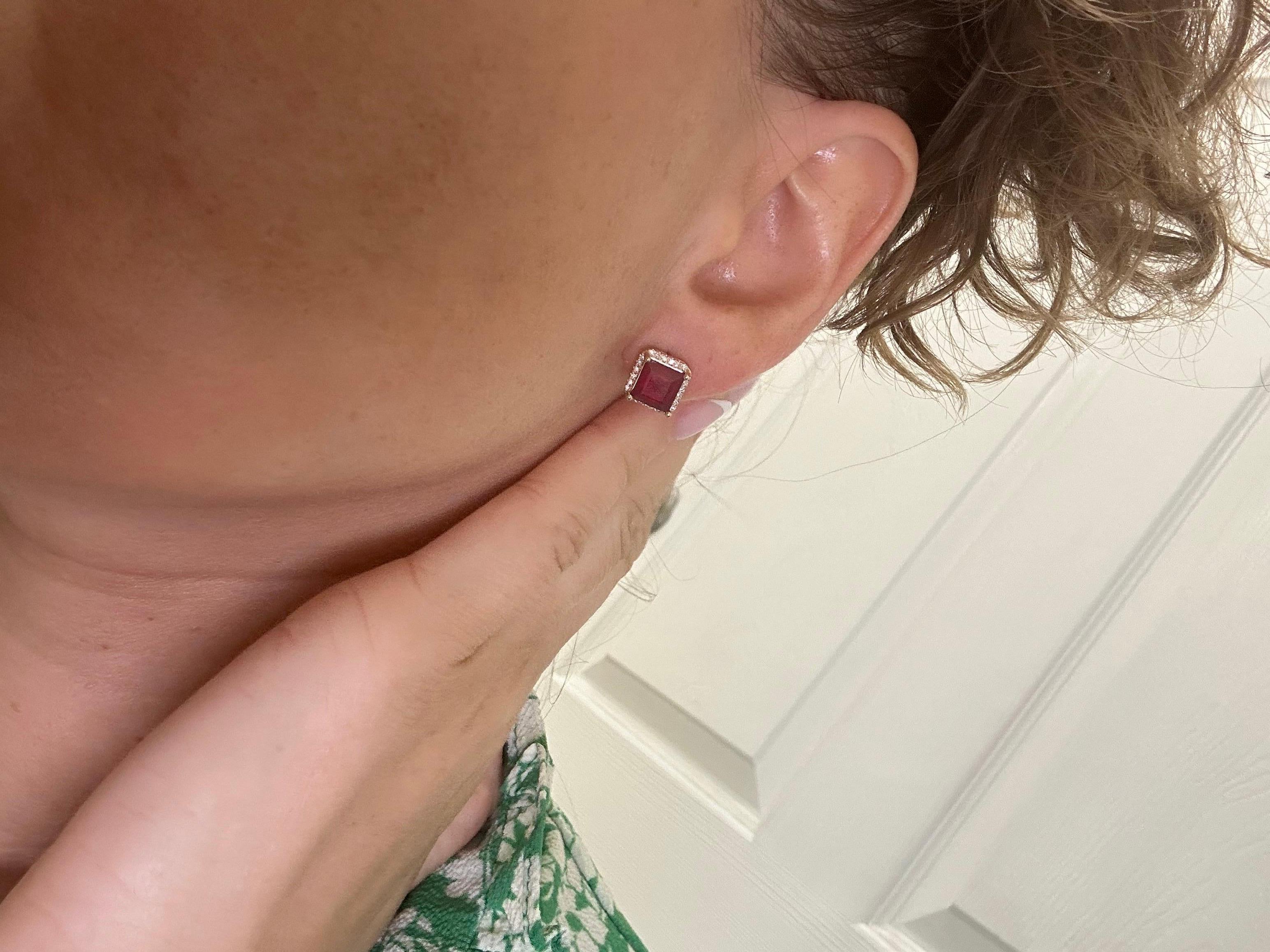 Princess Cut Ruby & Diamond earrings Halo earrings 14KT yellow gold NATURAL RUBY For Sale