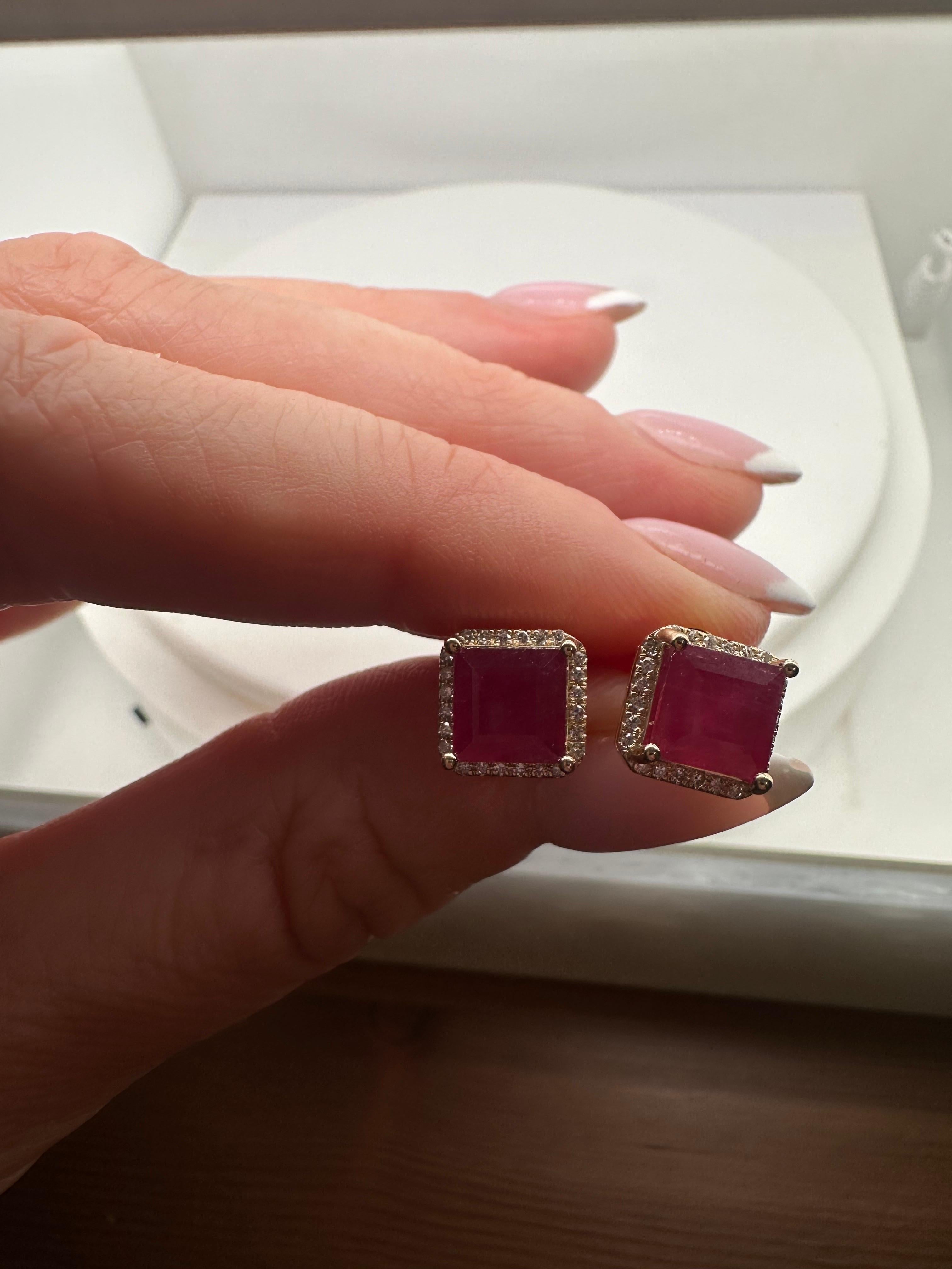 Ruby & Diamond earrings Halo earrings 14KT yellow gold NATURAL RUBY For Sale 2