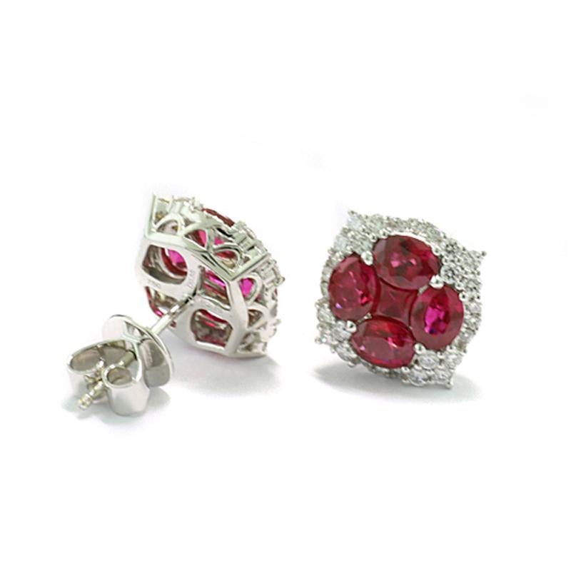 Contemporary Ruby Diamond Earrings intense Red-Pink 3.65 ct 18Kt White Gold Flower Quatrefoil For Sale