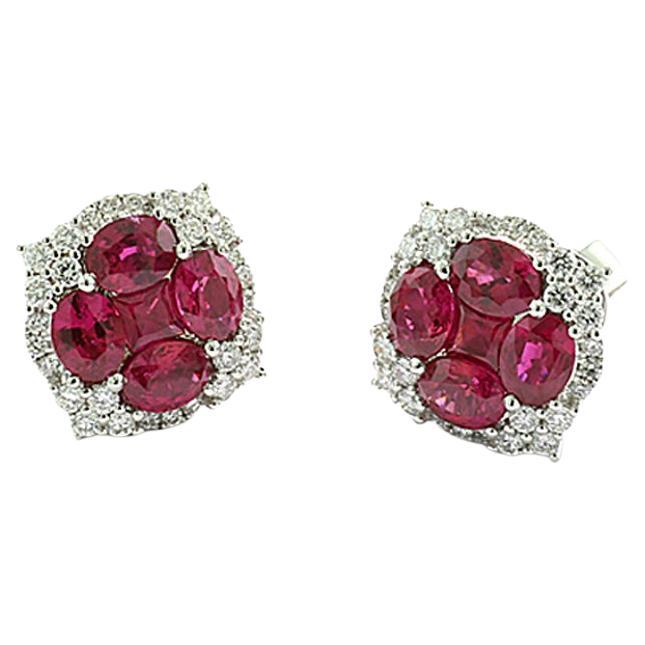 Ruby Diamond Earrings intense Red-Pink 3.65 ct 18Kt White Gold Flower Quatrefoil For Sale