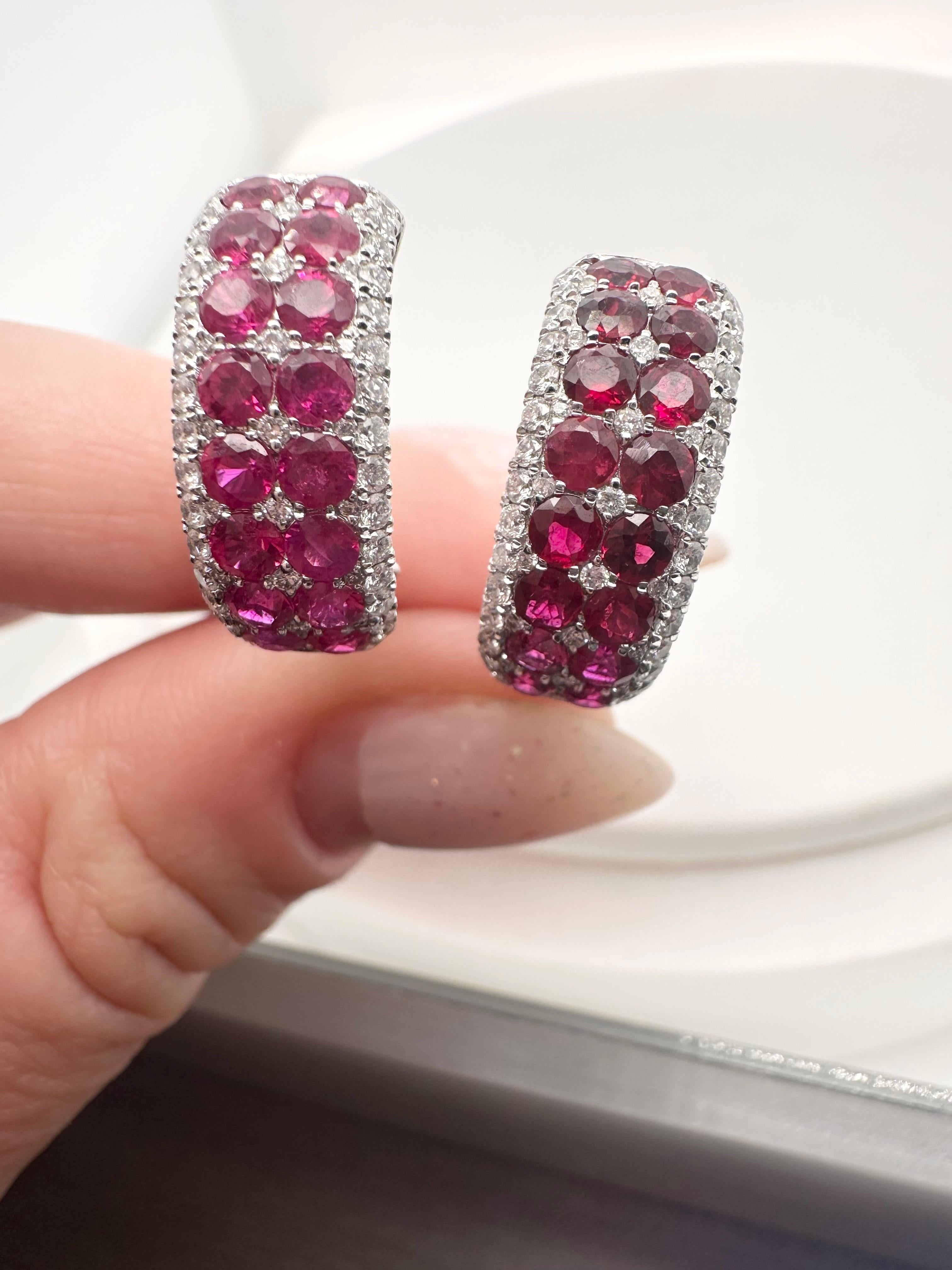 Women's or Men's Ruby Diamond earrings omega 18Kt white gold Wine color rubies 100% natural  For Sale
