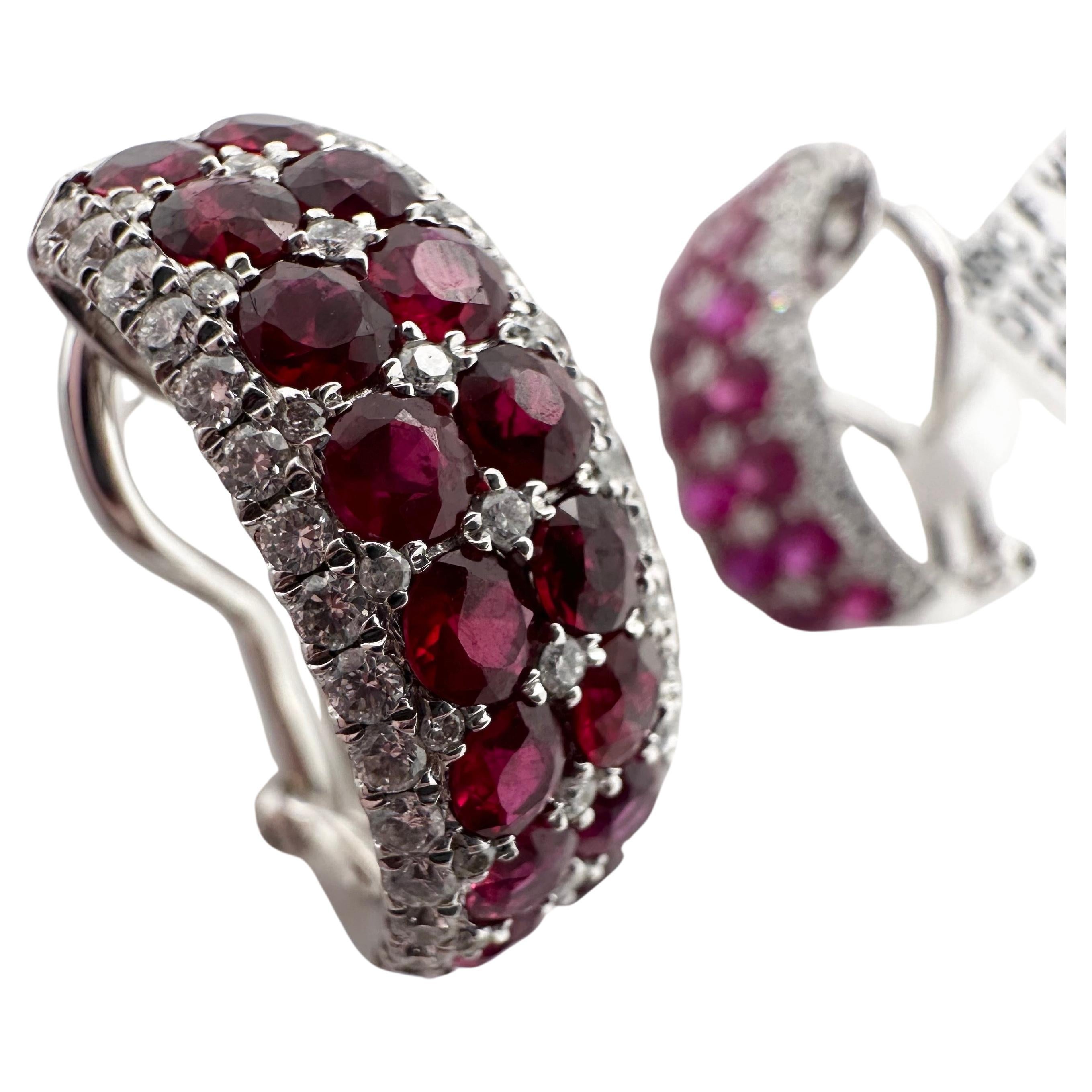 Ruby Diamond earrings omega 18Kt white gold Wine color rubies 100% natural 