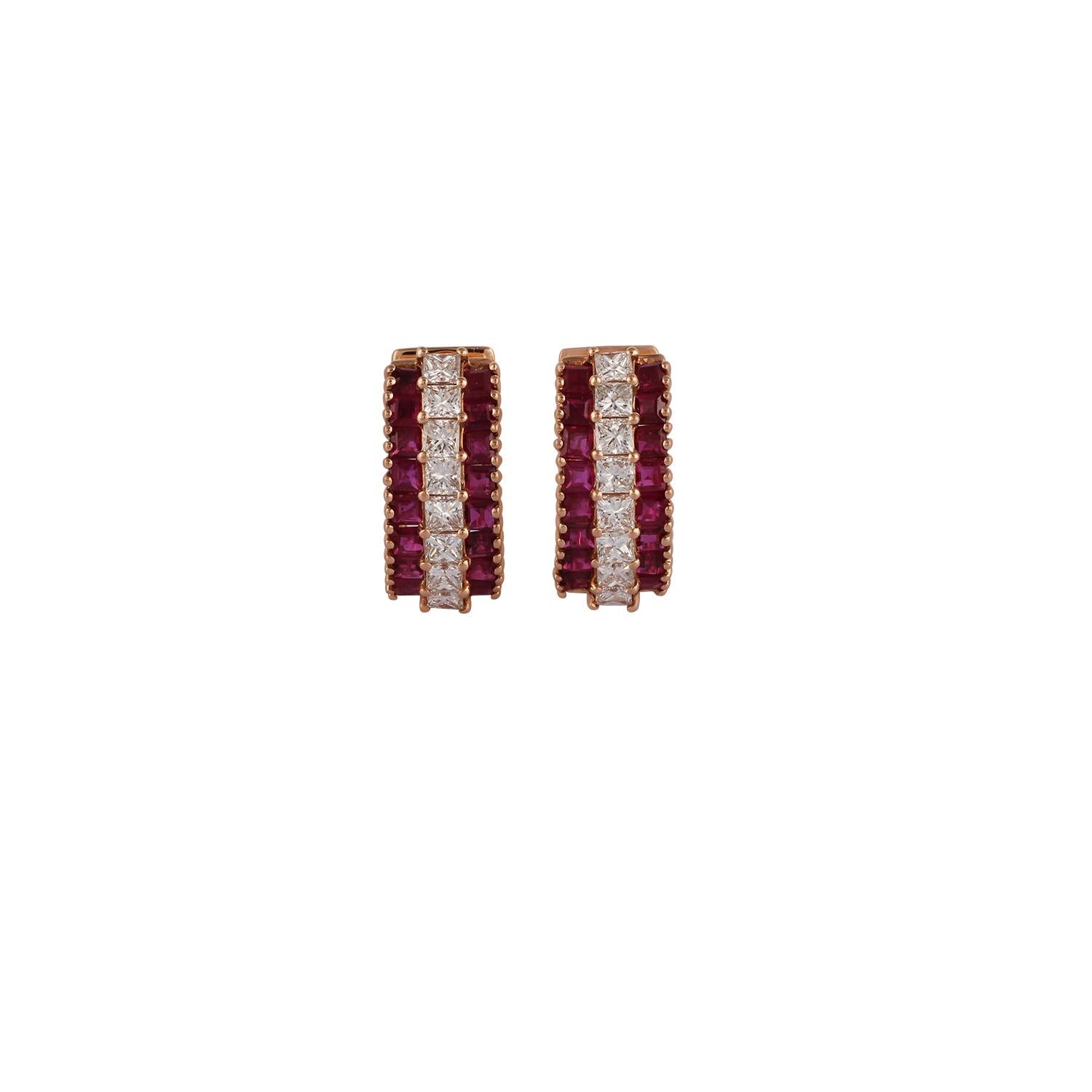 These are very elegant ruby & diamond hoop earrings studded in 18k rose gold features 32 pieces of square-shaped ruby weight 1.35 carats with 16 pieces of square-shaped diamonds weight 0.89 carats the entire earrings are made in 18k rose gold weight