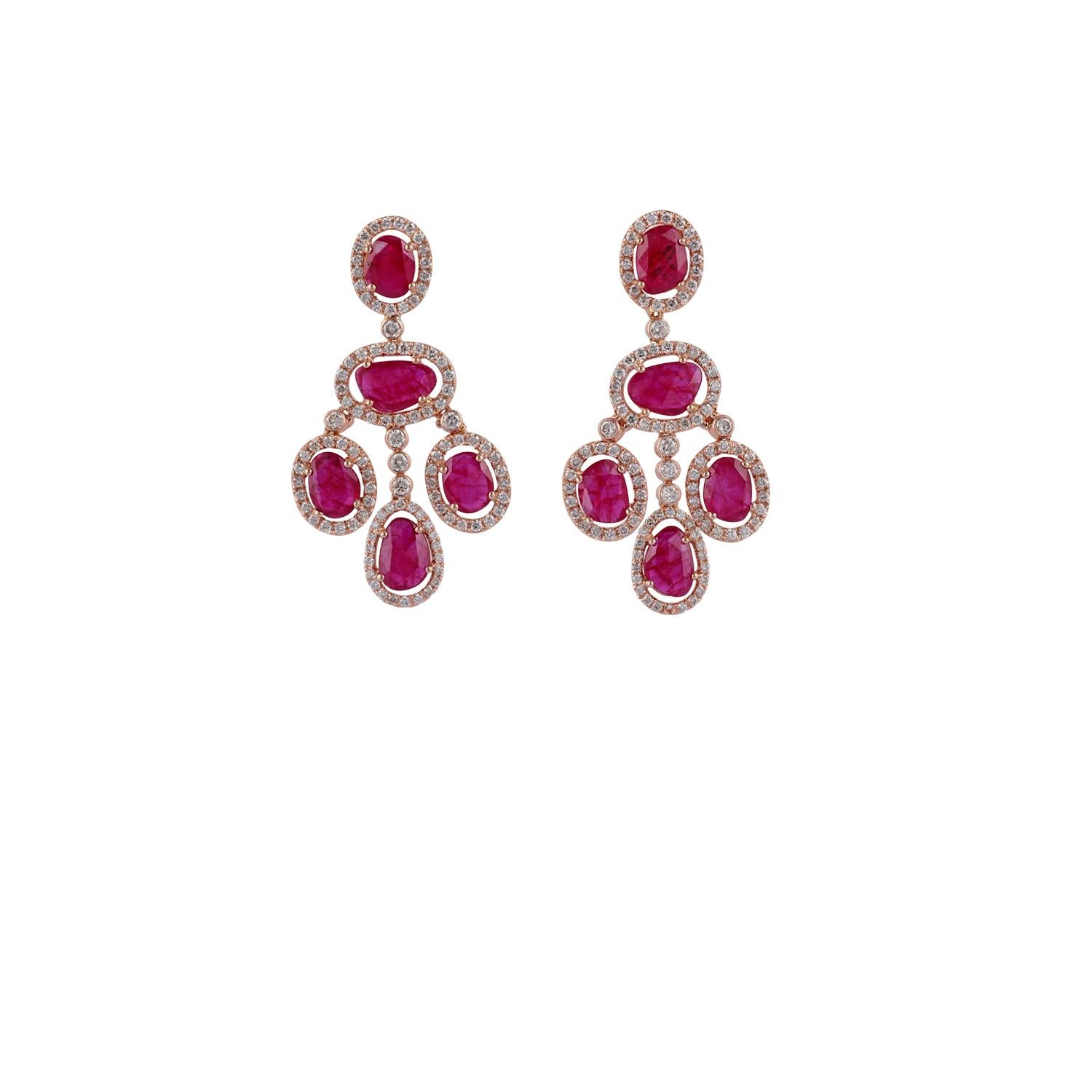 These are an exclusive earrings with ruby & diamonds features 10 pieces of rose cut rubies weight 6.42 carats, surrounded with 208 pieces of round brilliant cut of diamonds weight 1.77 carats, these entire earrings are studded in 18k rose gold