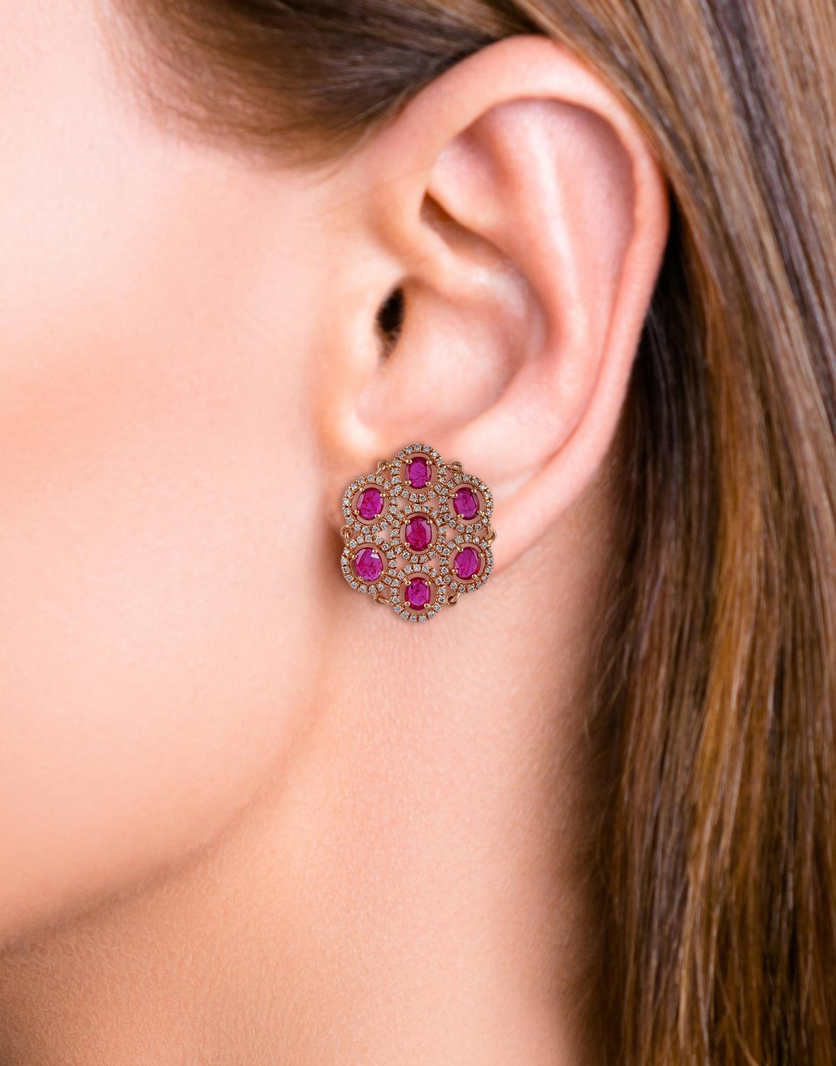 Contemporary Ruby and Diamond Earrings Studded in 18 Karat Rose Gold For Sale