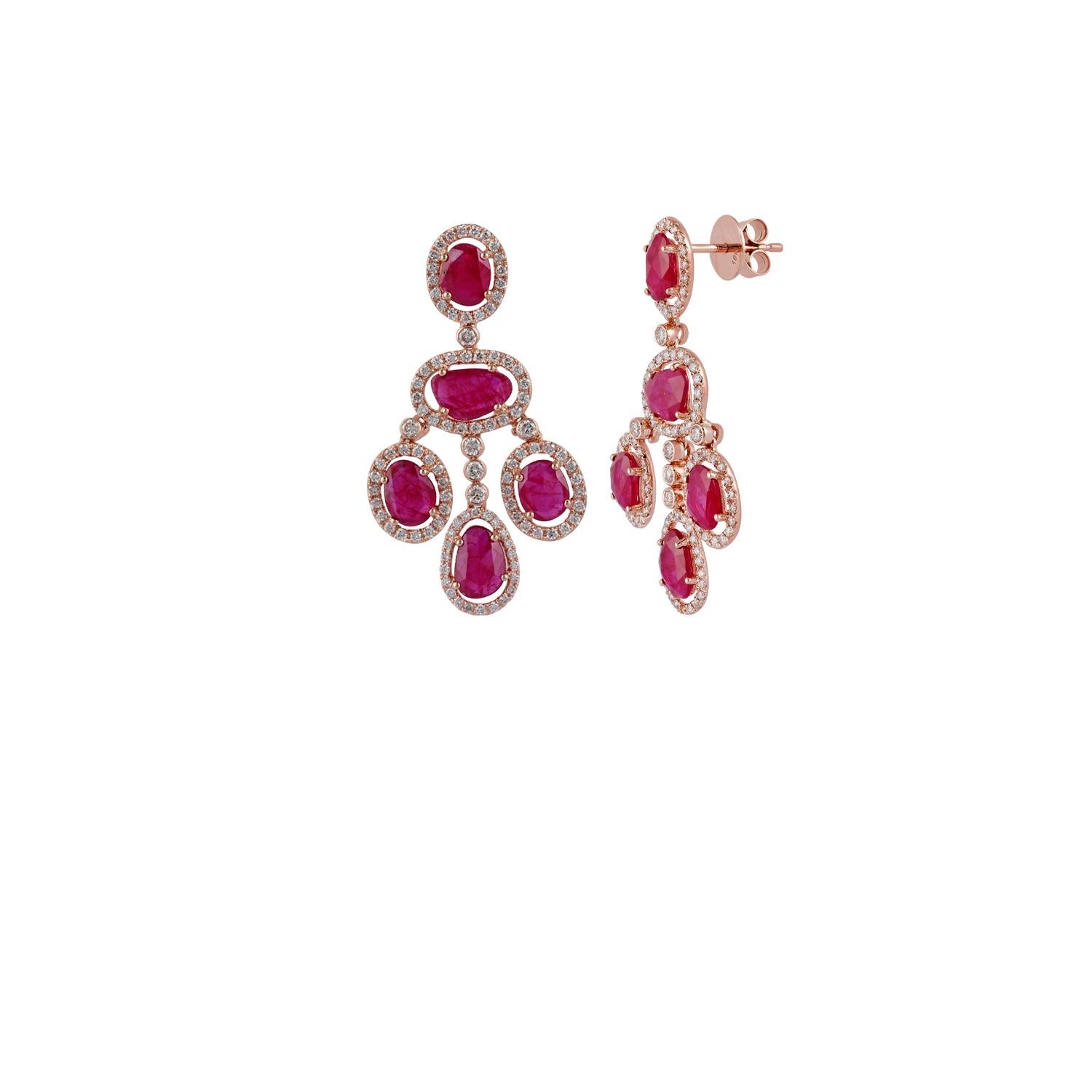 Contemporary Ruby and Diamond Earrings Studded in 18 Karat Rose Gold