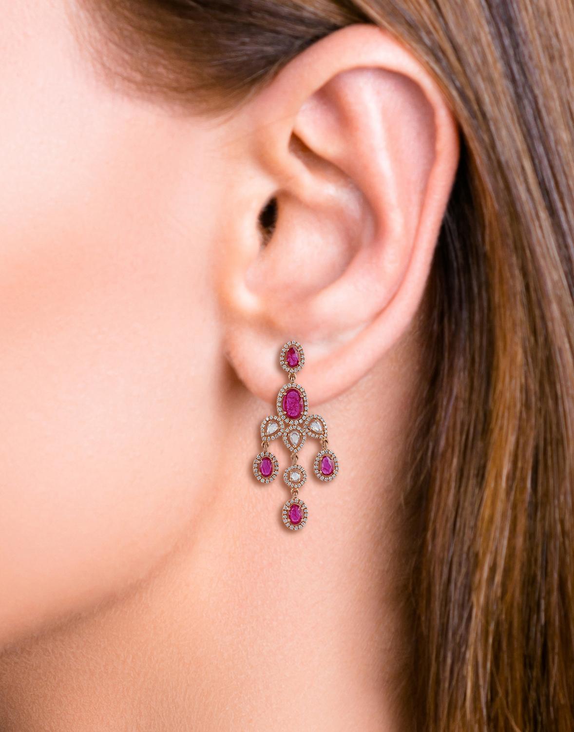 Contemporary Ruby and Diamond Earrings Studded in 18 Karat Rose Gold