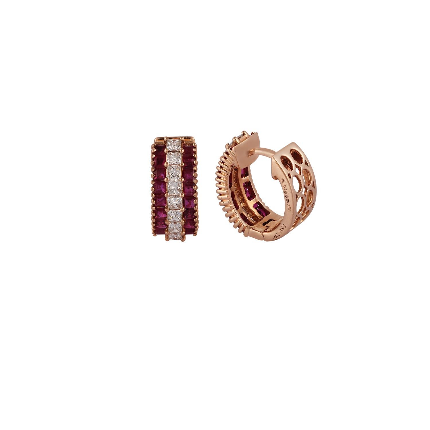 Square Cut Ruby and Diamond Earrings Studded in 18 Karat Rose Gold