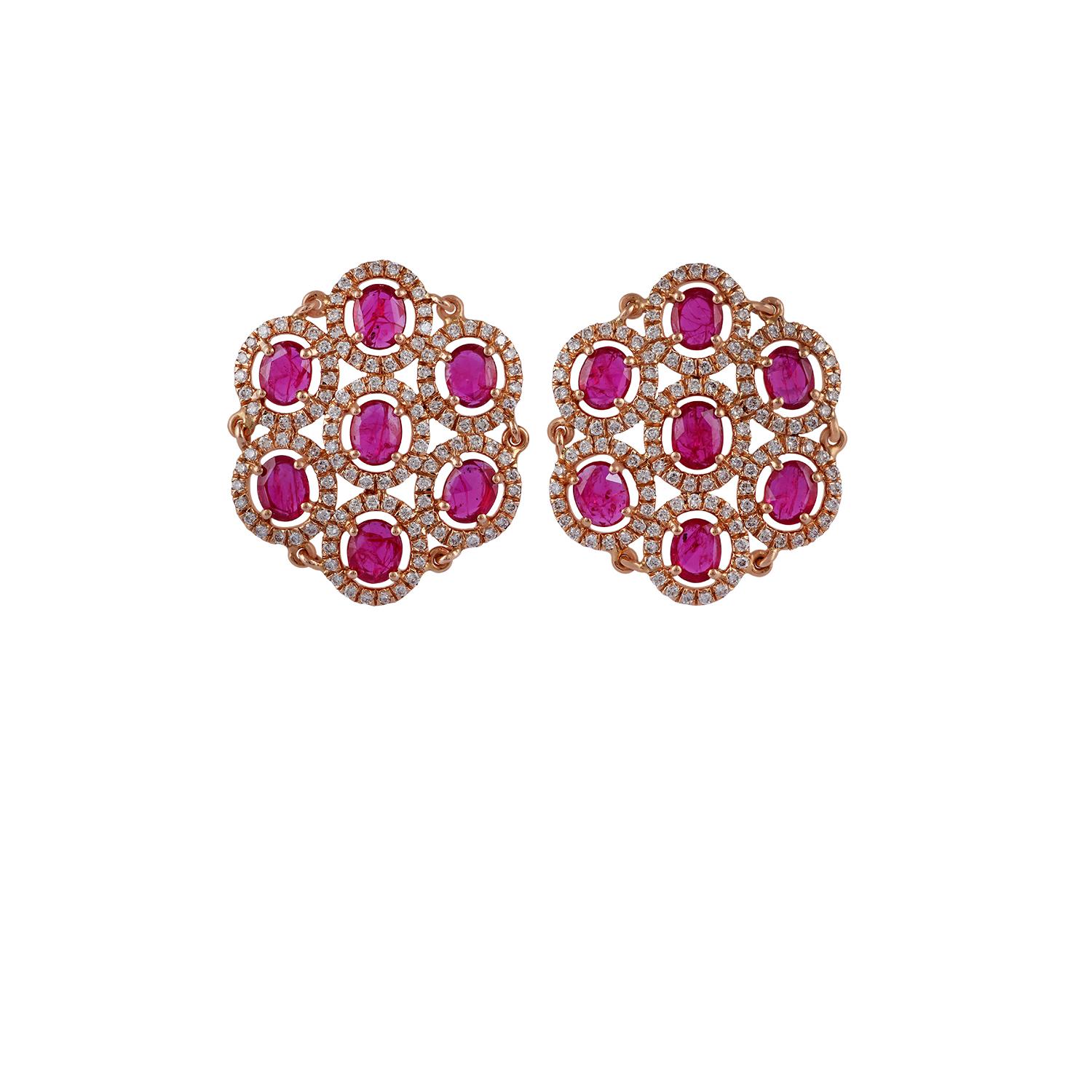 Rose Cut Ruby and Diamond Earrings Studded in 18 Karat Rose Gold For Sale