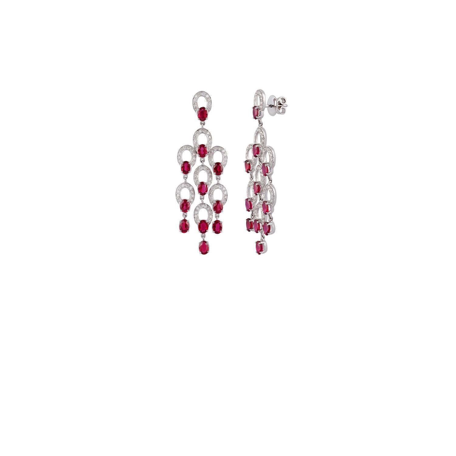 Contemporary Ruby & Diamond Earrings Studded in 18K White Gold For Sale