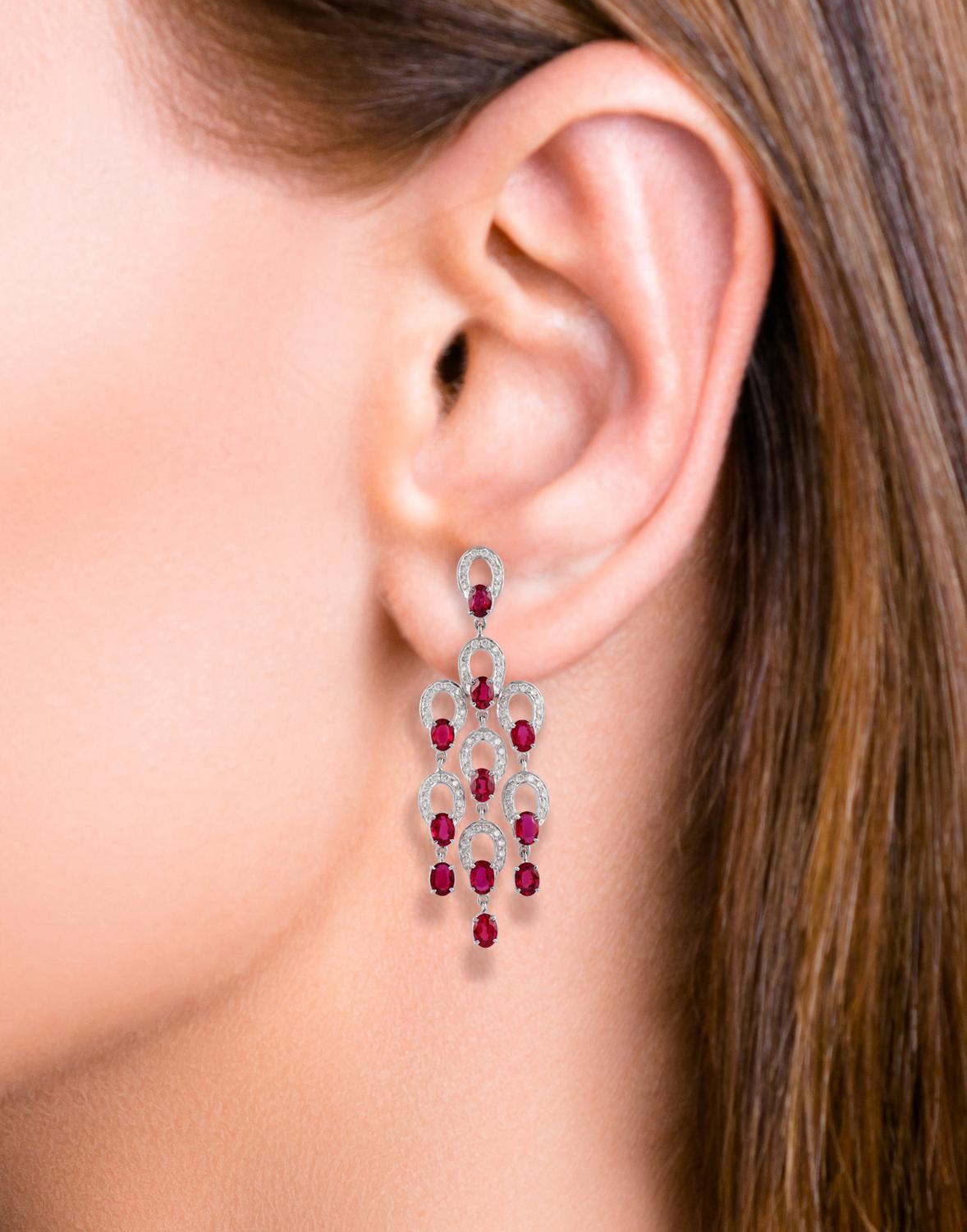 Oval Cut Ruby & Diamond Earrings Studded in 18K White Gold For Sale