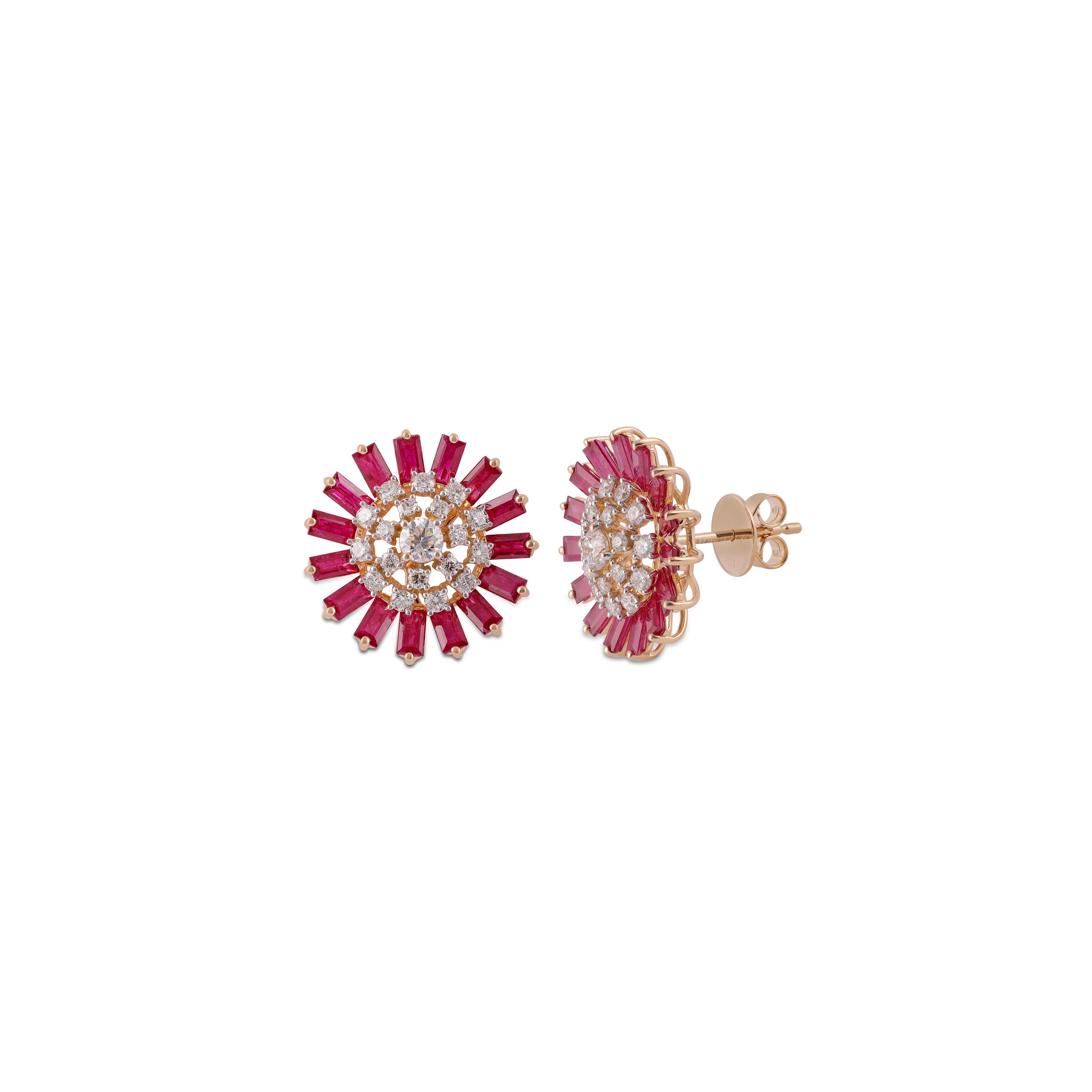 Modern Ruby & Diamond Earrings Studded in 18k Yellow Gold For Sale