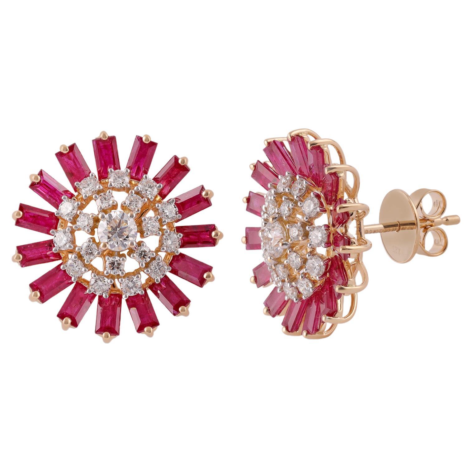 Ruby & Diamond Earrings Studded in 18k Yellow Gold For Sale