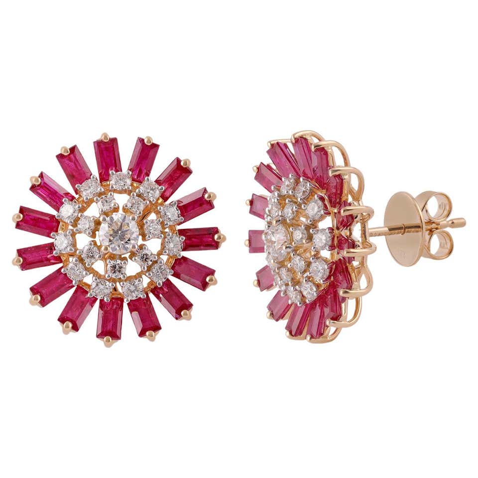 Ruby Ruby Designer Ruby Stud Earrings with Diamond in 18k Gold For Sale at 1stDibs