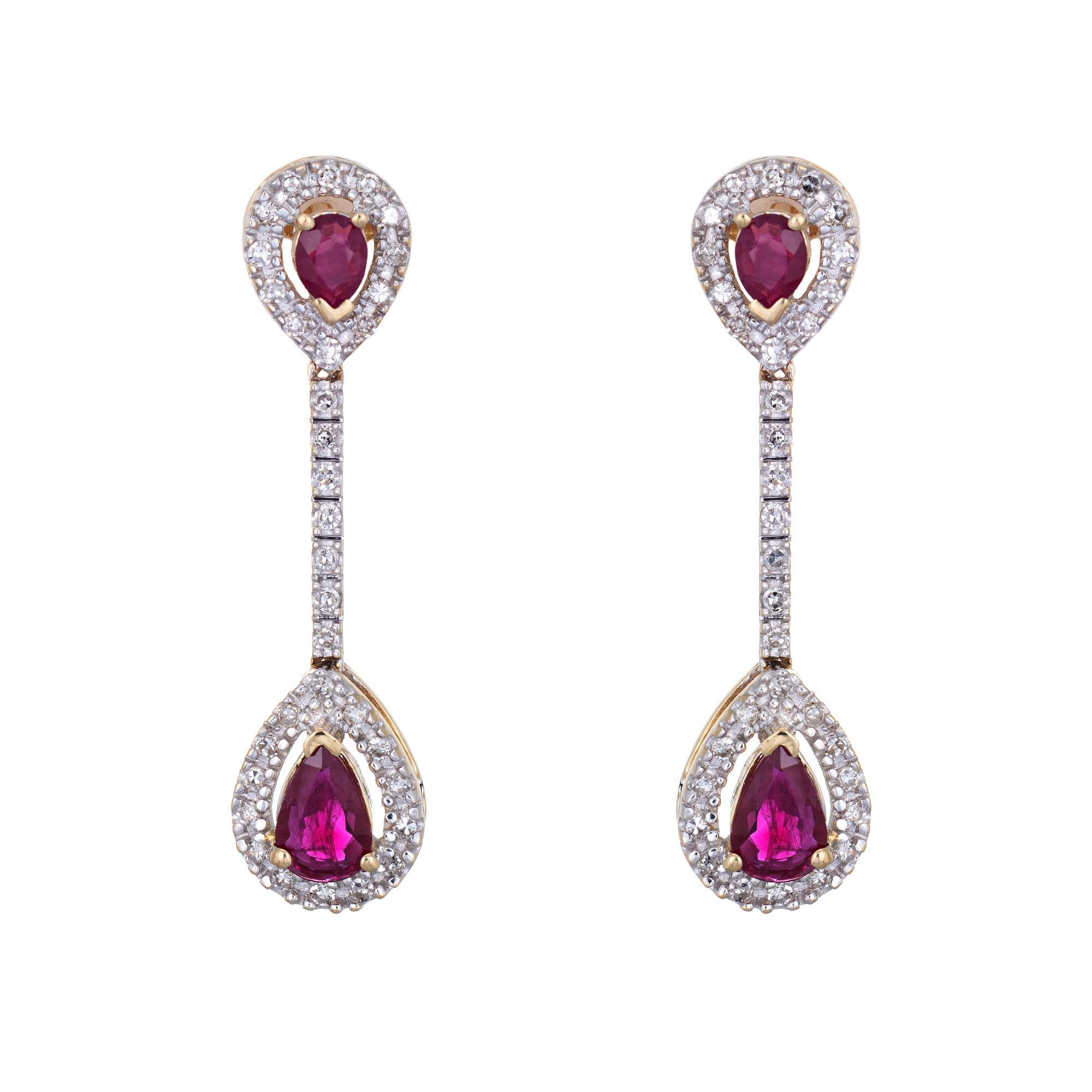 Pear Cut Ruby Diamond Earrings Vintage 14 Karat Gold Linear Drops Pear Shaped Jewelry