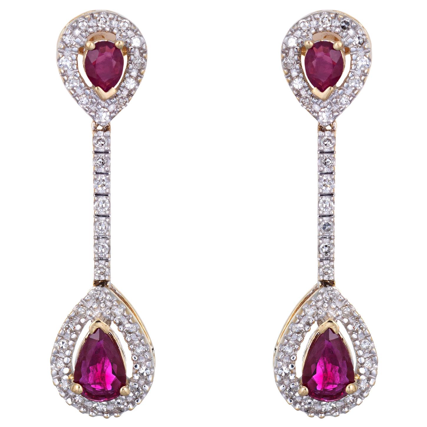 Ruby Diamond Earrings Vintage 14 Karat Gold Linear Drops Pear Shaped Jewelry