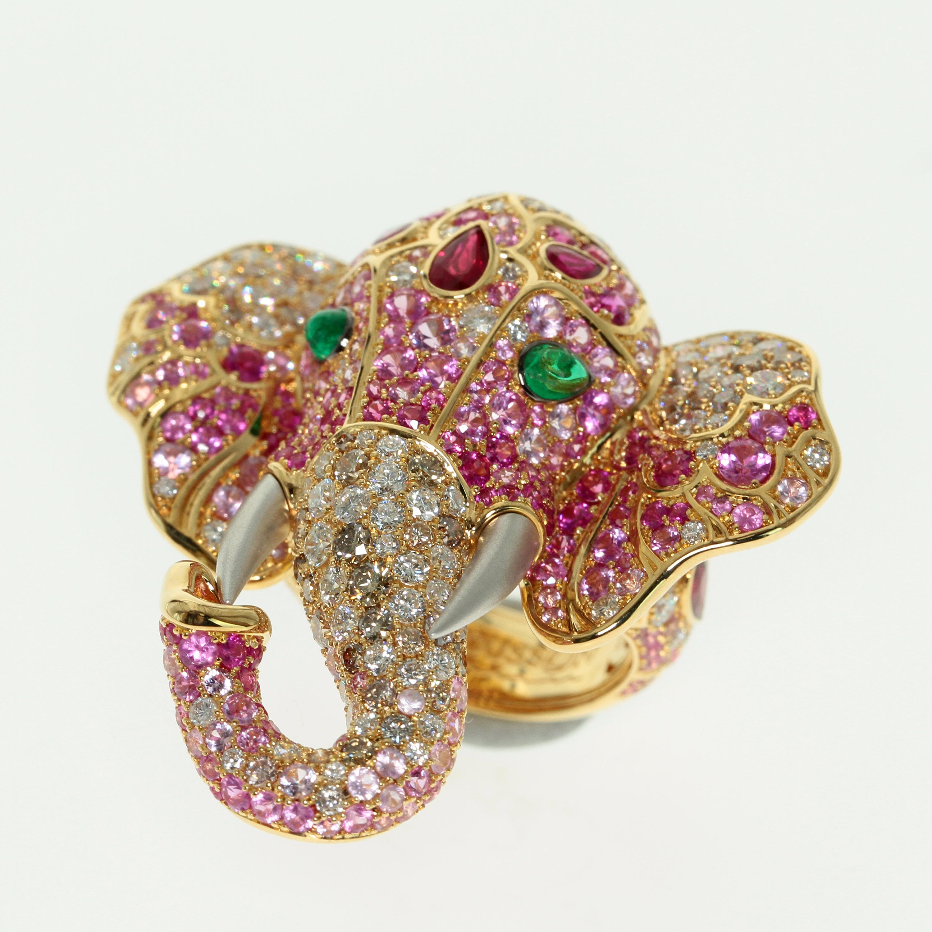 Ruby Diamond Emerald 18 Karat Yellow Gold Elephant Cocktail Ring.
Gorgeous and attractive ring. Inspired by Indian maharajas wedding. 
Feel the eastern spirit and aromas of Hindustan.

39x39.9x27.8
21.01 gms
US Size 7 1/4
EU Size 54 5/8