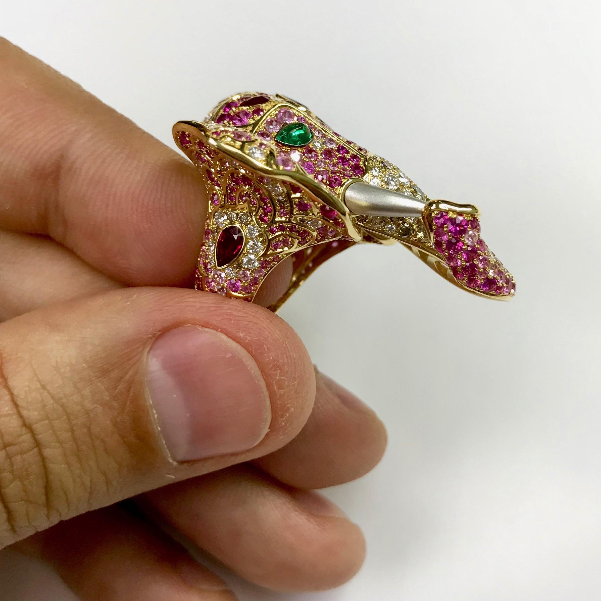 Ruby Diamond Emerald 18 Karat Yellow Gold Elephant Cocktail Ring In New Condition In Bangkok, TH