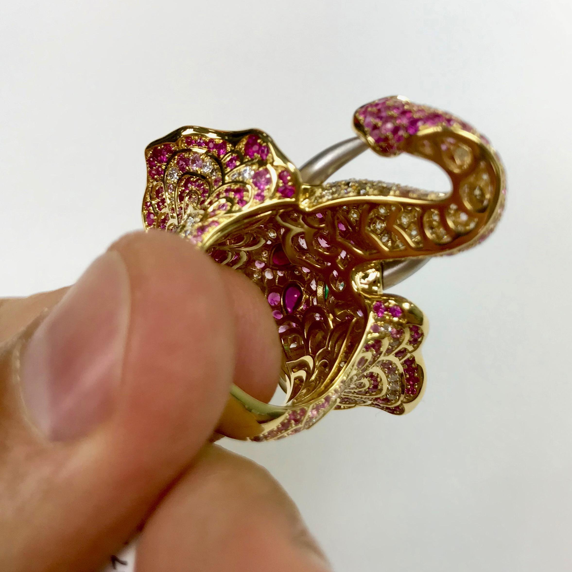 Women's or Men's Ruby Diamond Emerald 18 Karat Yellow Gold Elephant Cocktail Ring