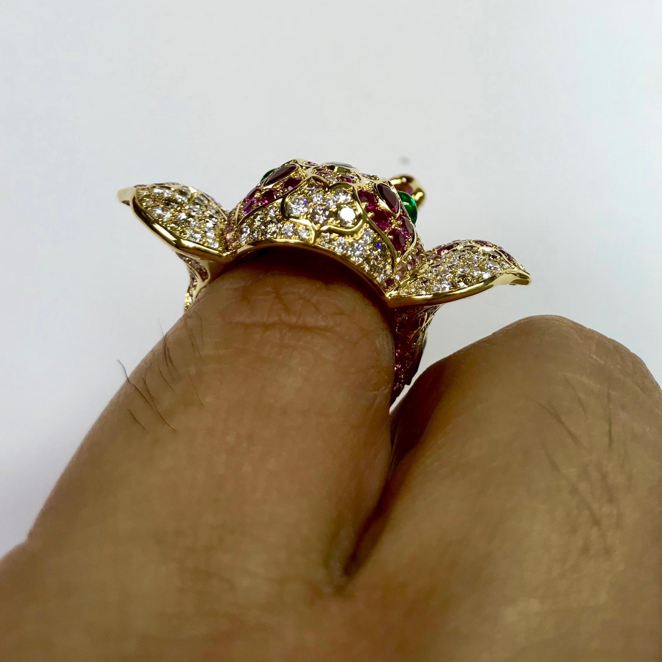 Ruby Diamond Emerald 18 Karat Yellow Gold Elephant Cocktail Ring 2