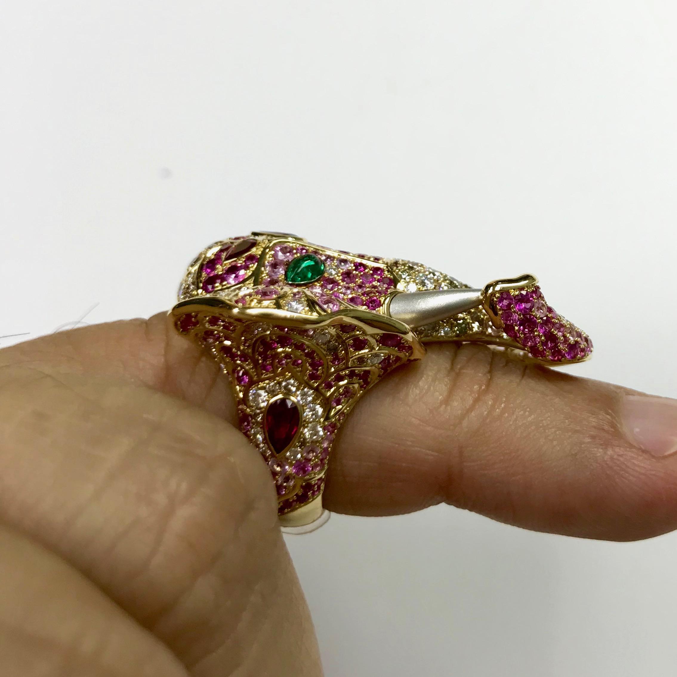 Ruby Diamond Emerald 18 Karat Yellow Gold Elephant Cocktail Ring 3