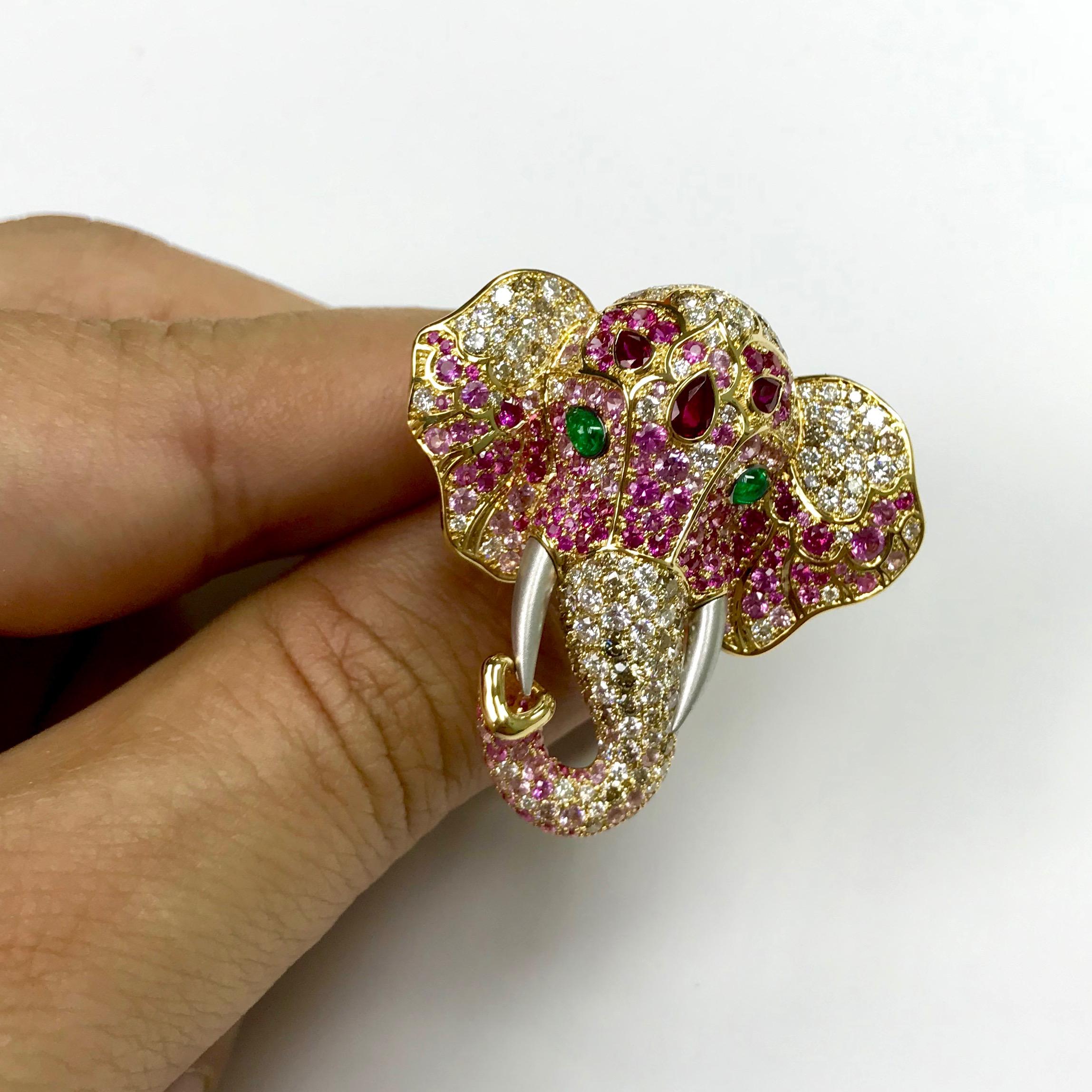 Ruby Diamond Emerald 18 Karat Yellow Gold Elephant Cocktail Ring 4