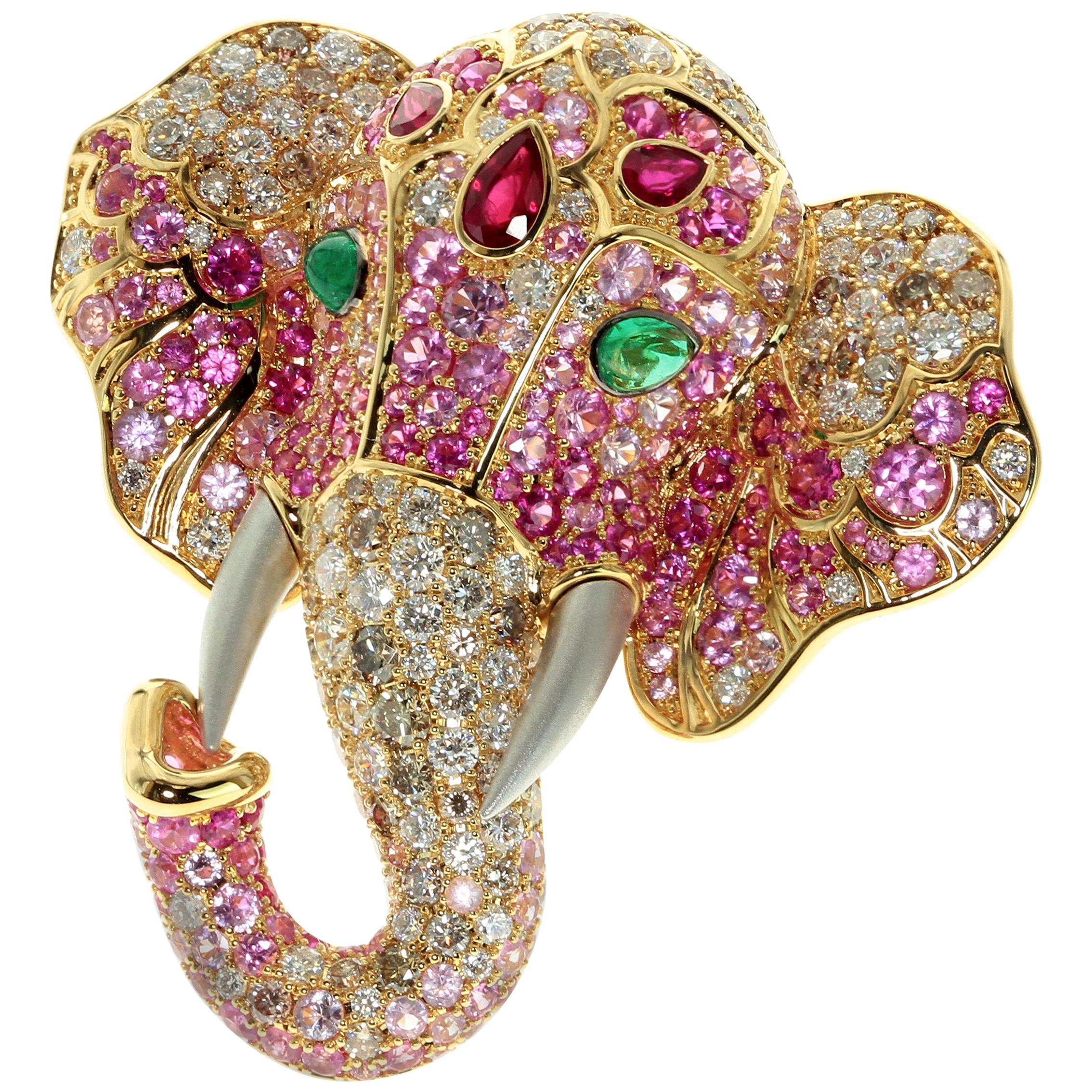 Ruby Diamond Emerald 18 Karat Yellow Gold Elephant Cocktail Ring