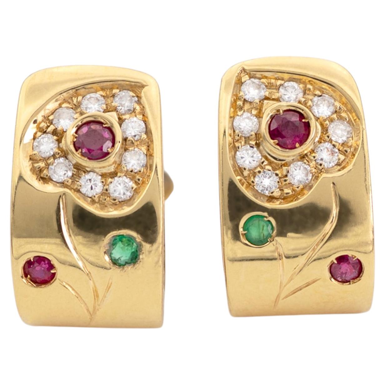 Ruby Diamond Emerald 18K Yellow Gold Earrings For Sale
