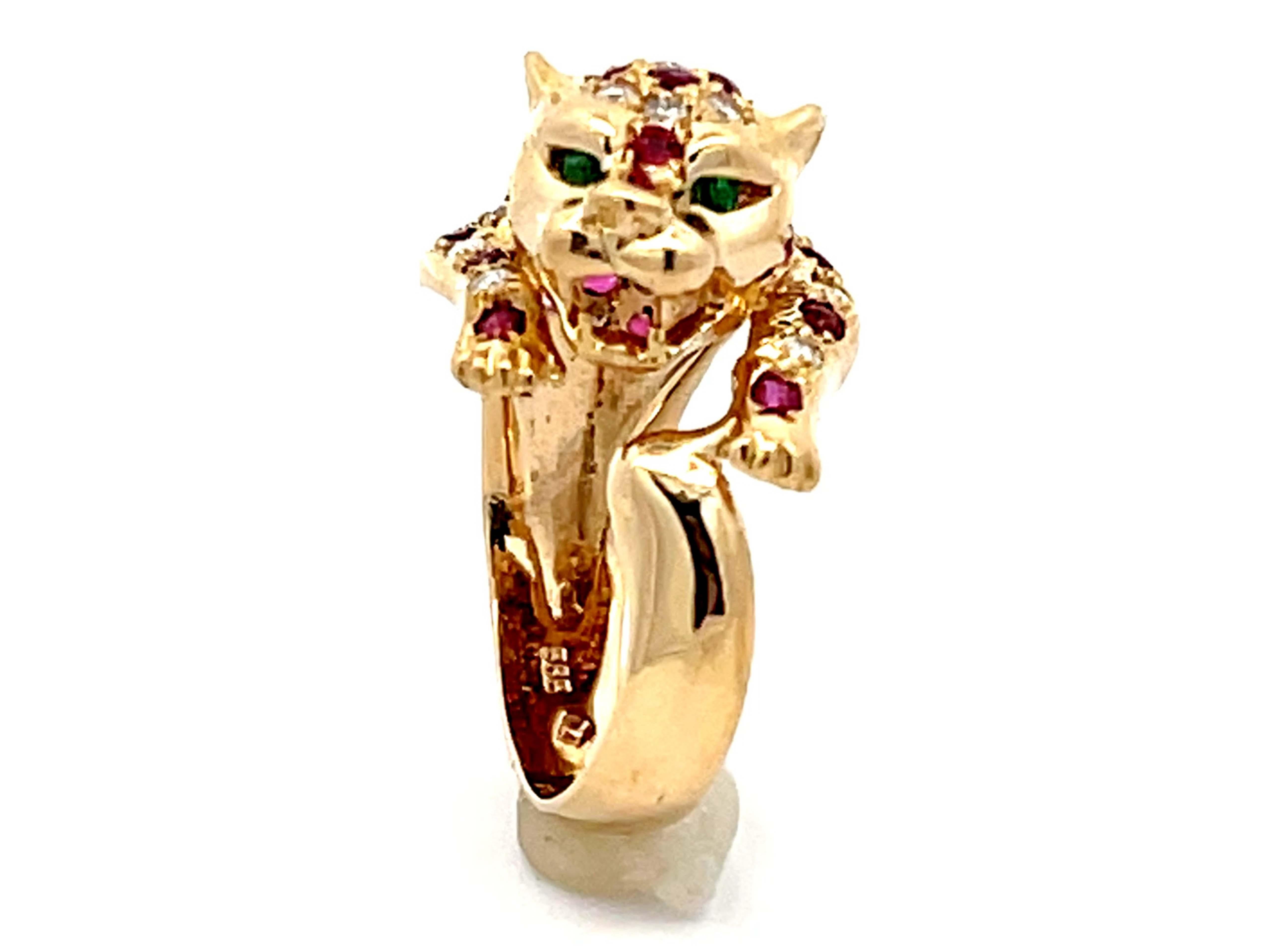 Jaguar-Ring aus 14k Gelbgold mit Rubin, Diamant und Smaragd für das Auge (Retro) im Angebot