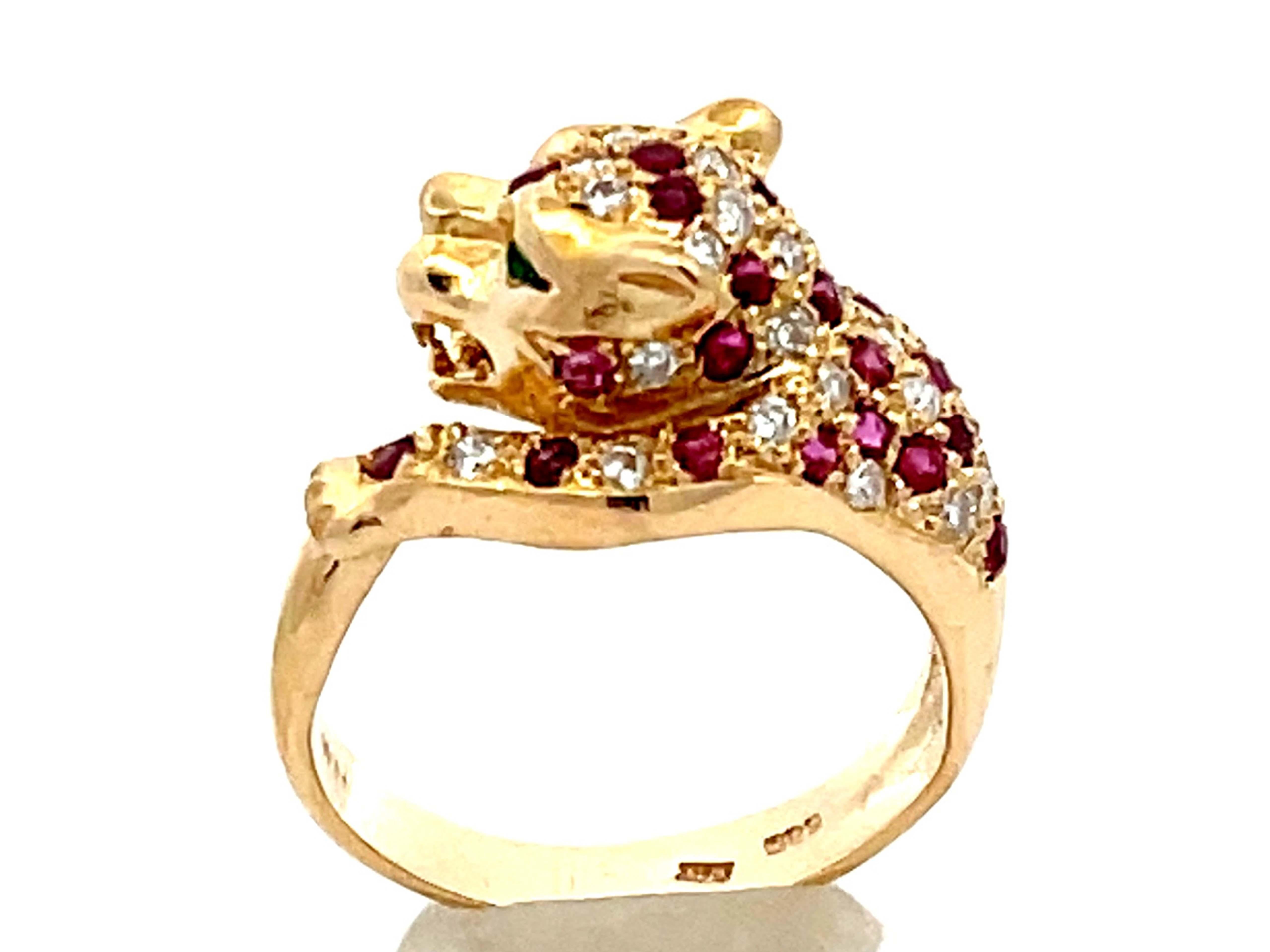 Brilliant Cut Ruby Diamond Emerald Eye Jaguar Ring 14k Yellow Gold For Sale