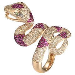 Ruby Diamond Emerald Snake Ring in 14 Karat Yellow Gold