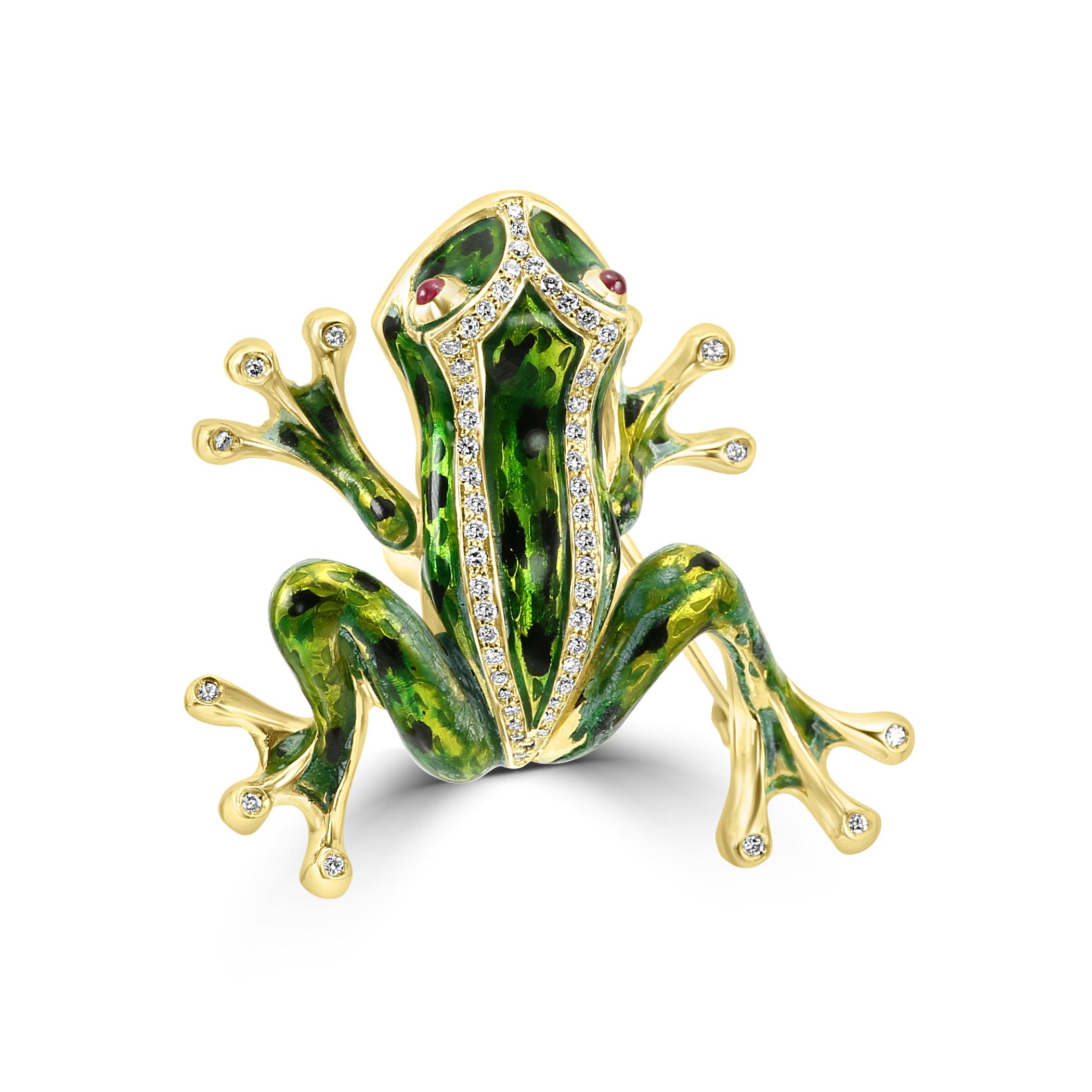 Broche de Moda de Lujo Rana de Colores en Oro Amarillo de 18 Kilates con Rubí, Diamante y Esmalte Art Decó en venta