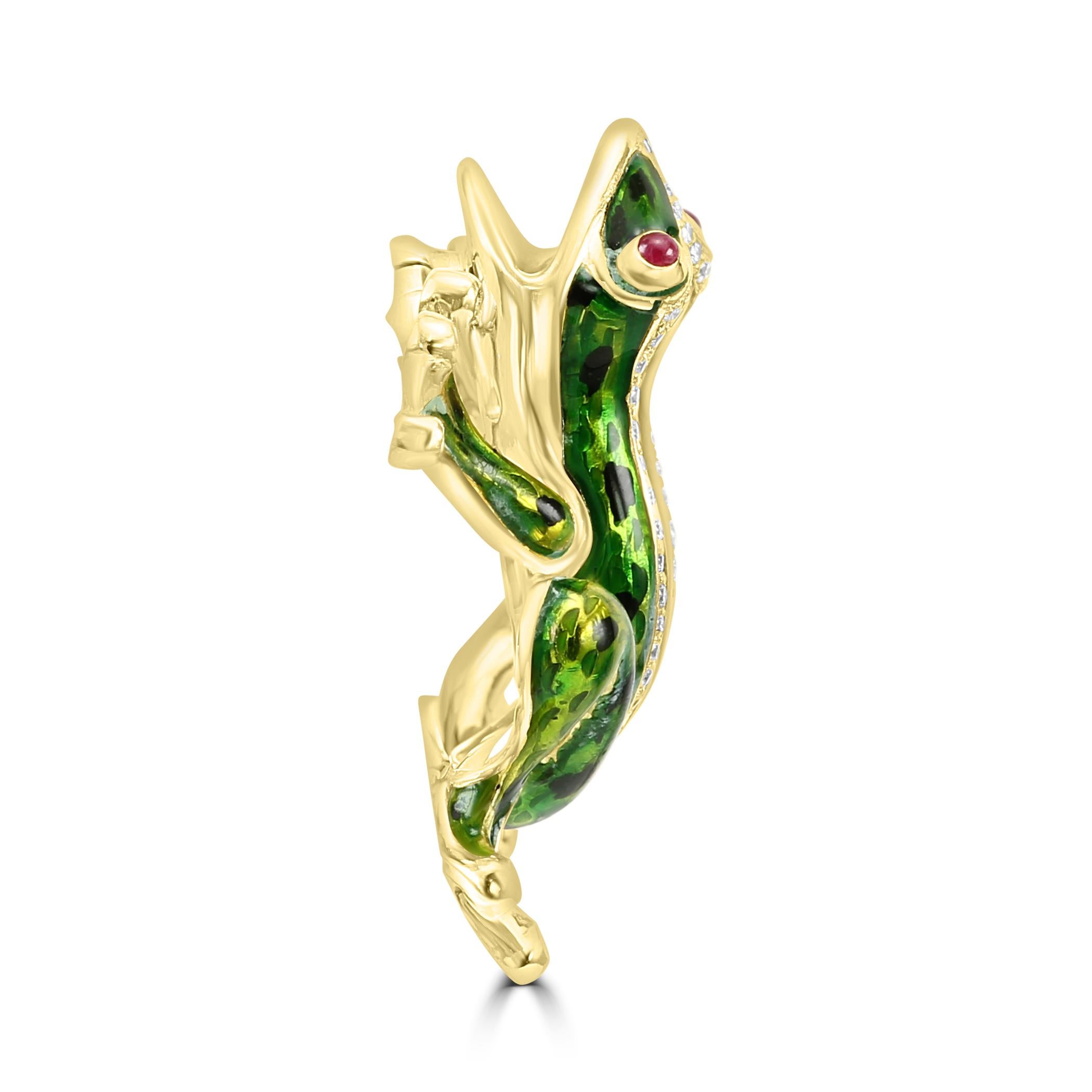 Broche de Moda de Lujo Rana de Colores en Oro Amarillo de 18 Kilates con Rubí, Diamante y Esmalte Corte redondo en venta
