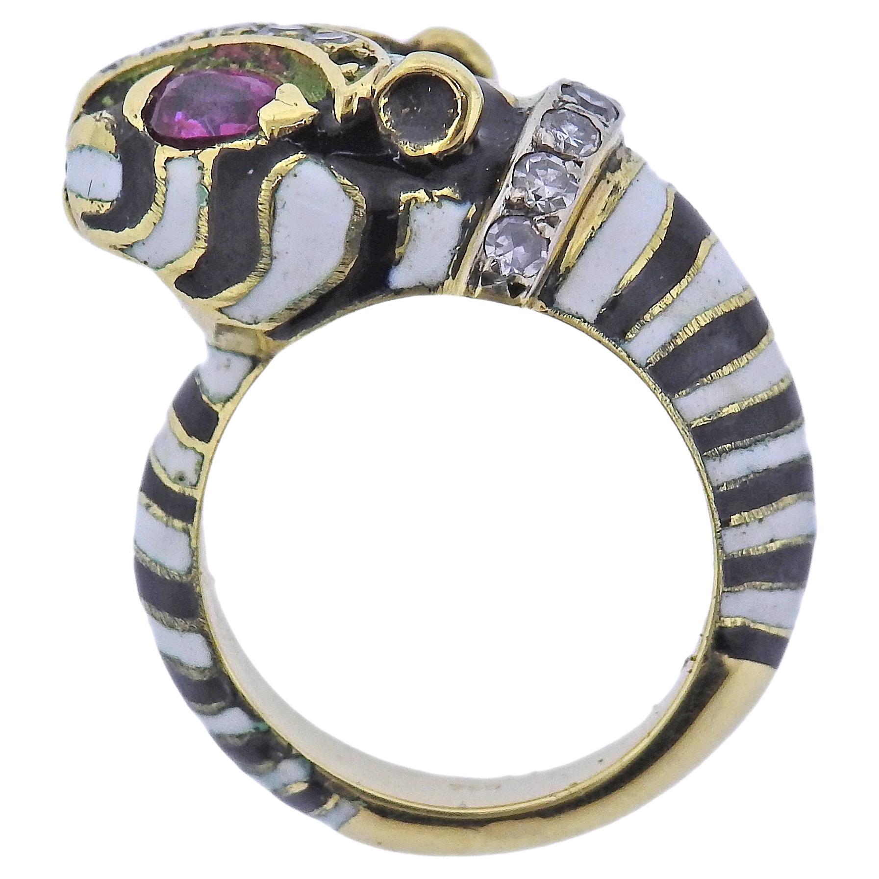 Ruby Diamond Enamel Gold Tiger Ring For Sale