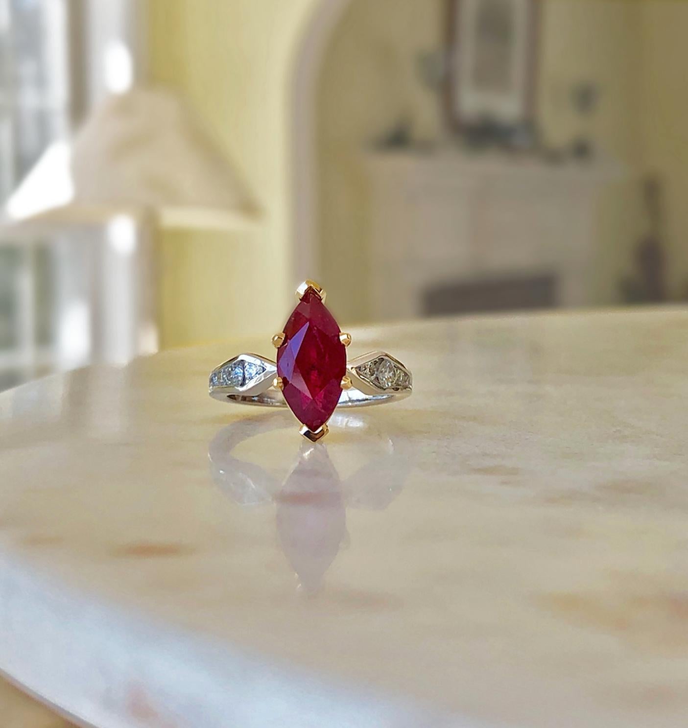 Marquise Cut Marquise Natural Ruby with Diamond Engagement Ring Platinum & 18K