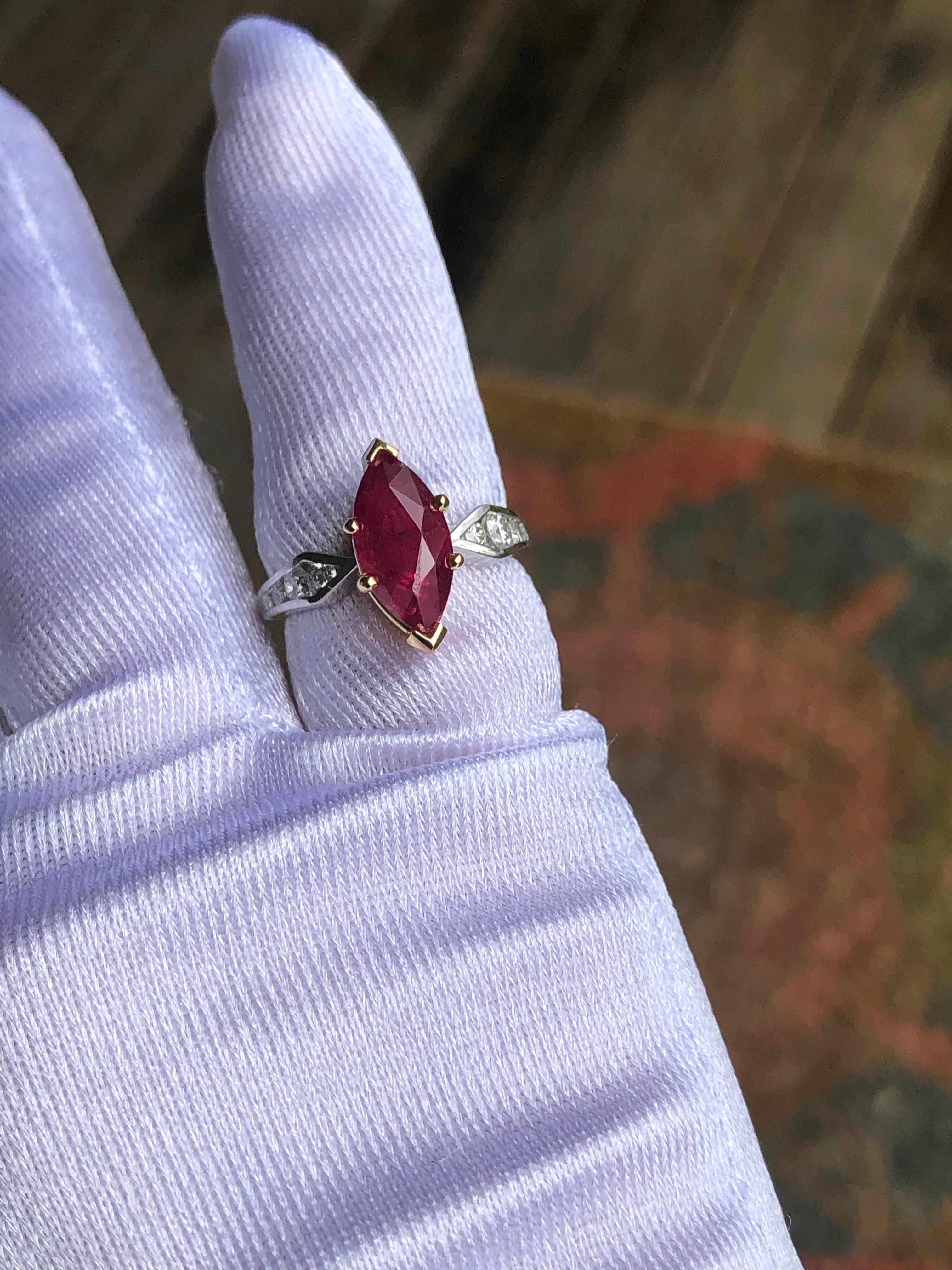 Art Deco Marquise Natural Ruby with Diamond Engagement Ring Platinum & 18K