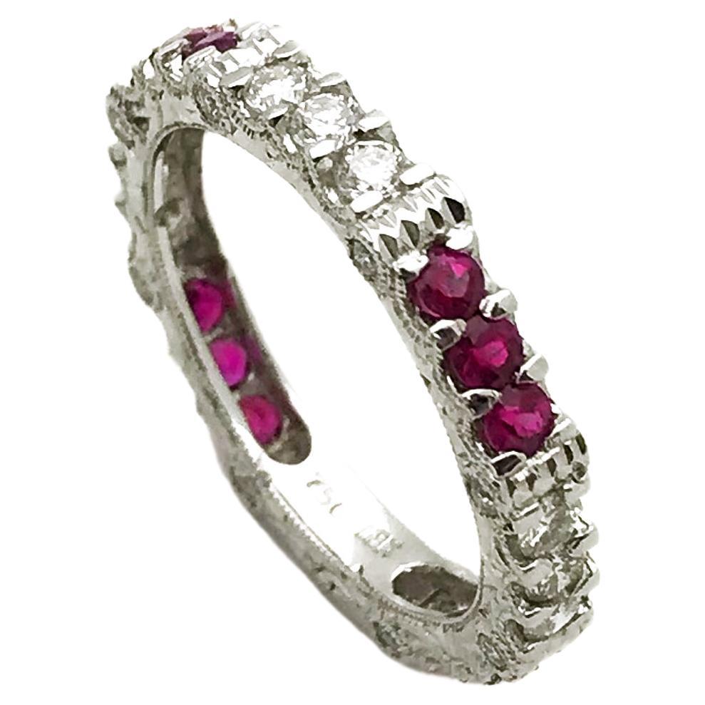 Ruby Diamond Eternity Band Ring, 18k White Gold For Sale