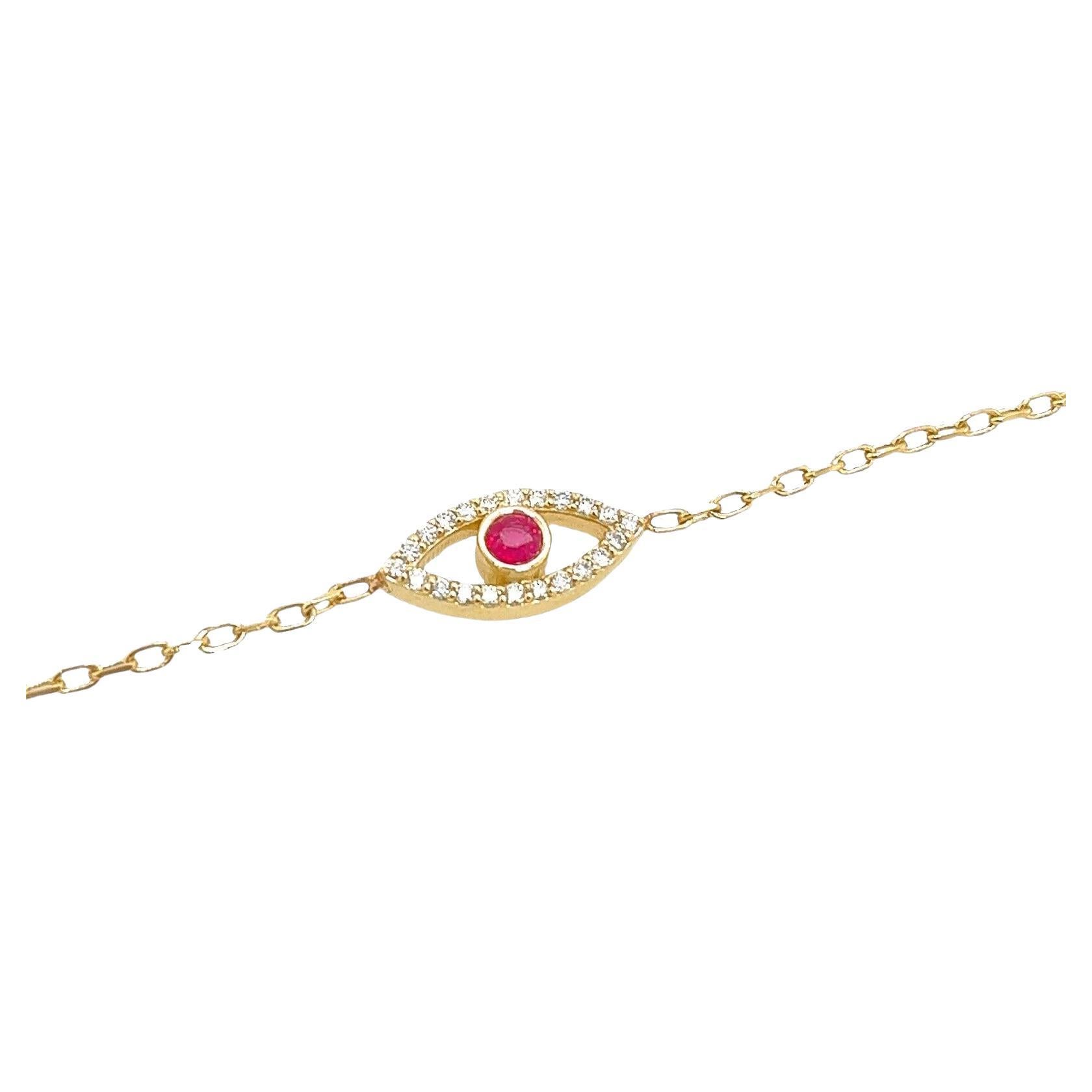 Ruby & Diamond Evil Eye Bracelet Set with 0.17ctG/SI Diamonds in 9ct Yellow Gold For Sale